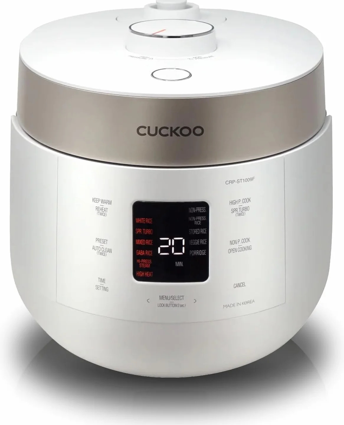 CUCKOO CRP-ST0609FW - Arrocera y calentador para 6 tazas (crudas) y 12 tazas (cocidas) de doble presión con revestimiento antiadherente, 16 opciones de menú, 3 guías de voz, automático