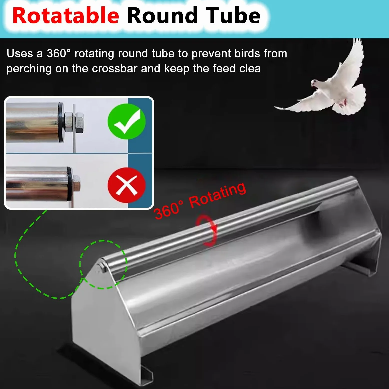 Comedero para pollo, bandeja de alimentación de aves de corral de 140 cm de largo con barra transversal giratoria para patos, pavos, gansos