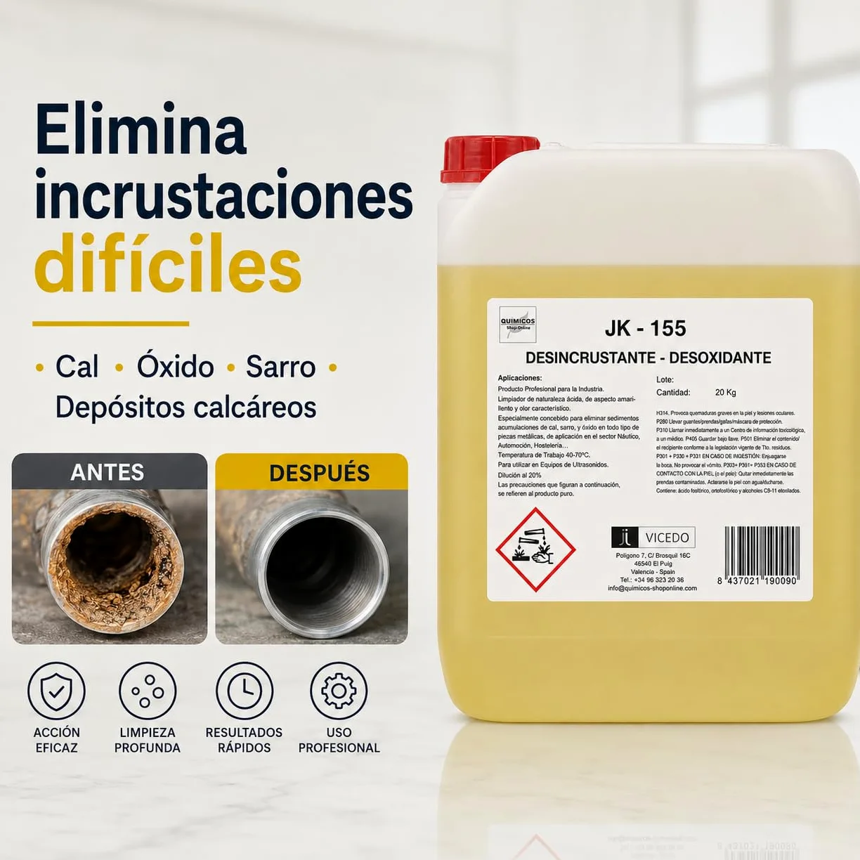 JK-155 Desoxidante Desincrustante Concentrado 5 kg para Ultrasonidos, Inmersión y Limpieza Técnica, Elimina Cal, Óxido y Depósitos Calcáreos en Superficies Metálicas