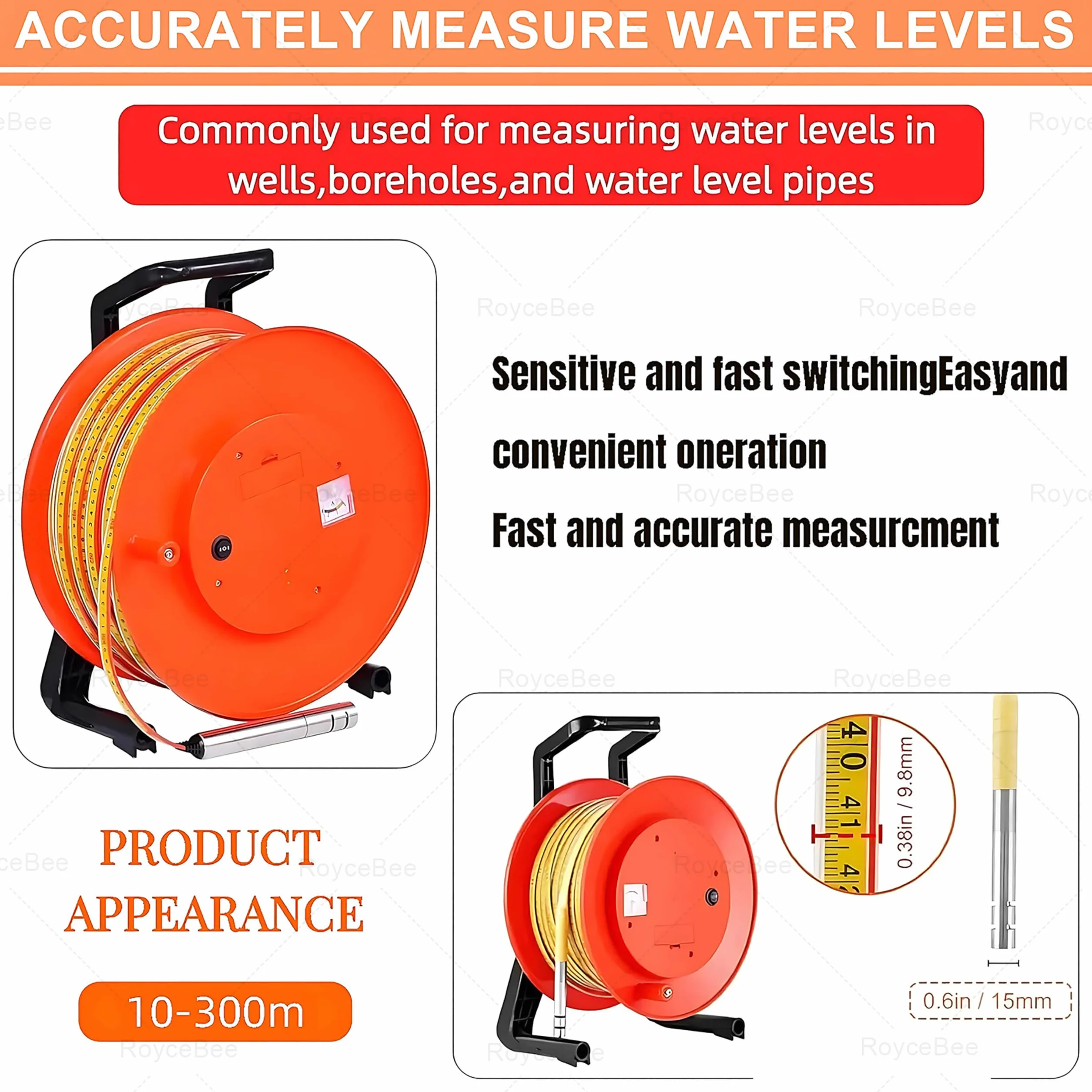 Cinta Métrica de Acero para Pozos Profundos-Medidor de Nivel de Agua y Sonda de Profundidad, Regla de Acero Resistente para Mediciones Precisas del Nivel de Agua en Pozos y Perforaciones 300m/984ft