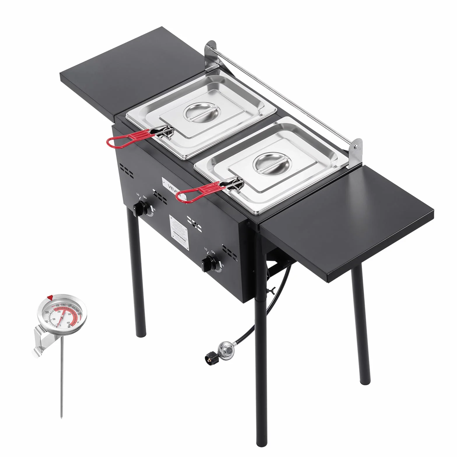 VEVOR Freidora de gas propano de doble depósito 9Lx2, aparato de cocción de propano de acero inoxidable, independiente con plataforma plegable y ajuste del calor, para exterior y restaurante Snack-bar