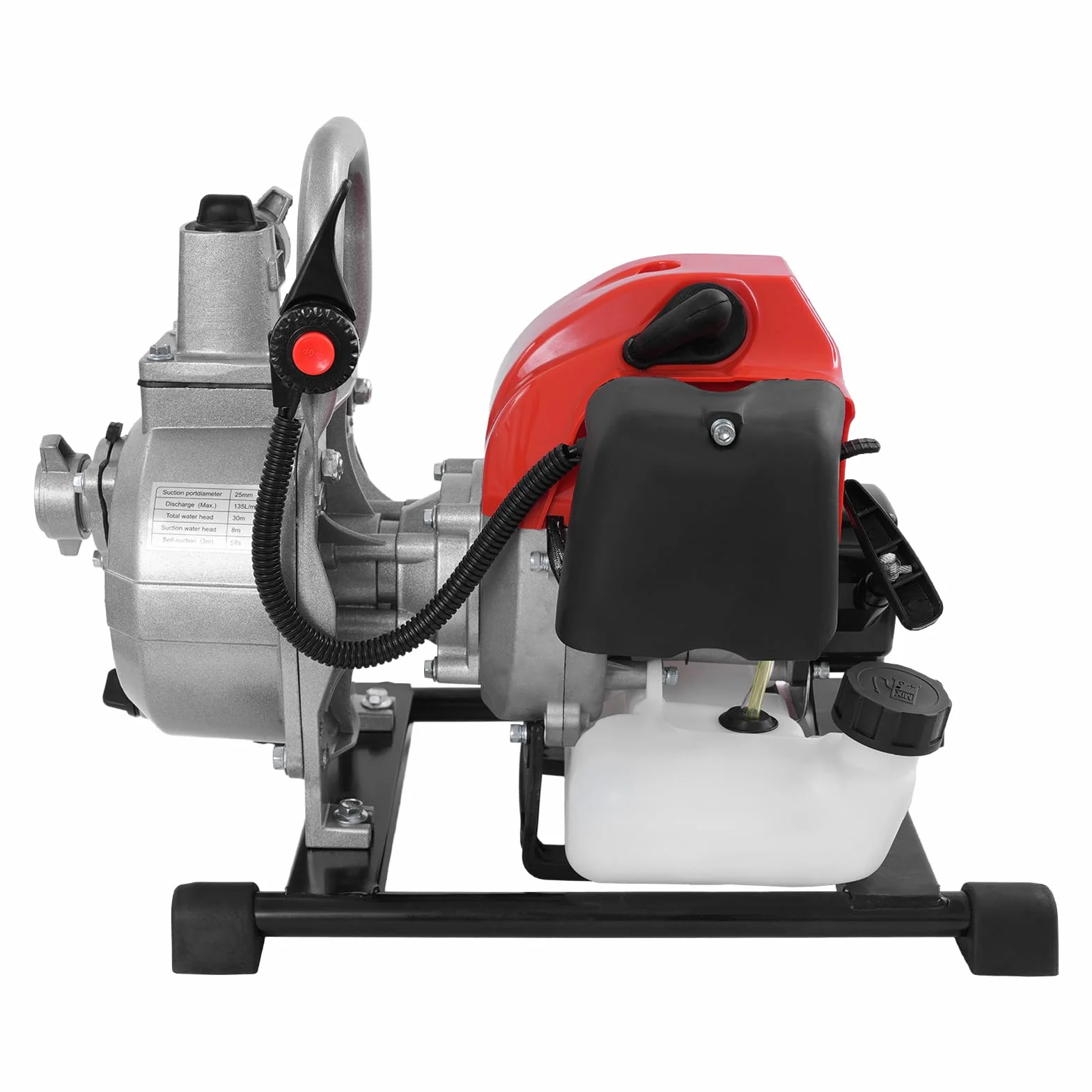 Bomba de agua, gasolina, 2 tiempos, bomba de jardín, 1,7 HP 43 cc, 10 m³/h, 30 m, altura de extracción de 25 mm, conector de 2 m, tubo de entrada (plata+negro+rojo)