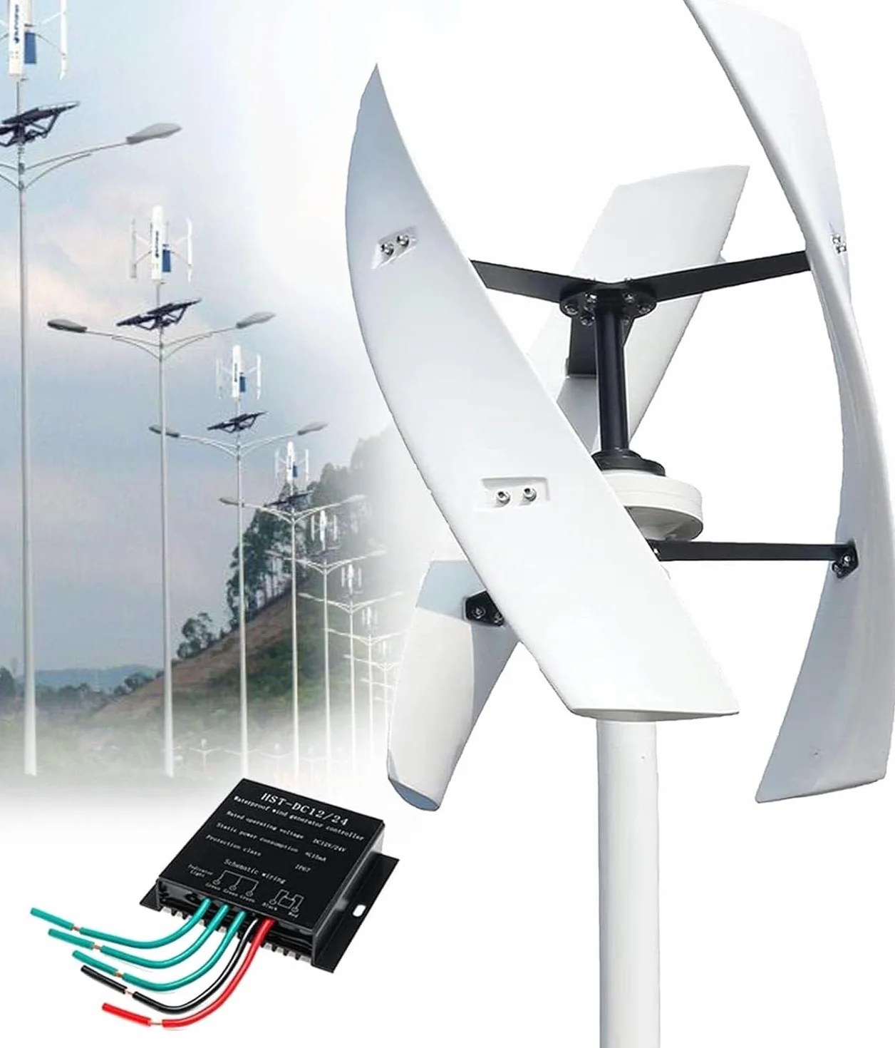 Turbina Eólica Vertical Kit Completo 20000W Generador Viento Jardín Instalacion Eolica Domestica Aerogenerador Eólica Trifásico AC Turbina Eólica de Viento Vertical con Controlador(220V)
