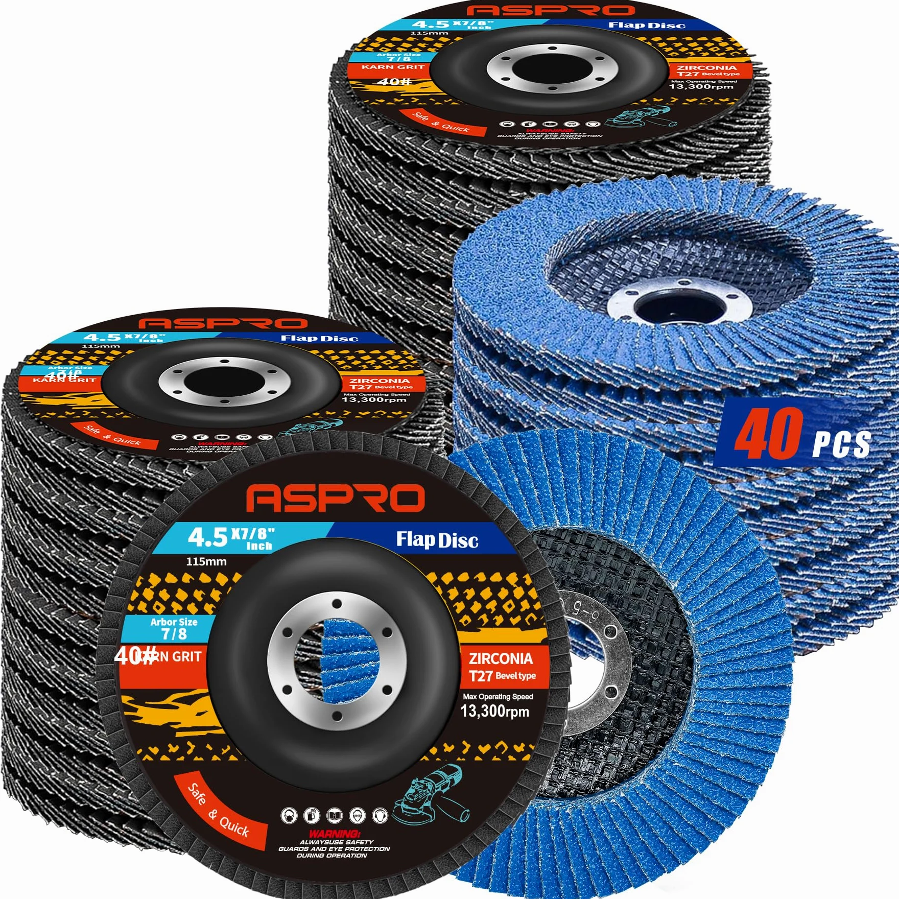 ASPRO Discos de solapa de 4 1/2 para amoladora angular, discos abrasivos de circonita de grano 40 de 4.5 x 7/8 pulgadas T27 para lijado de metal, molienda y madera, paquete de 40