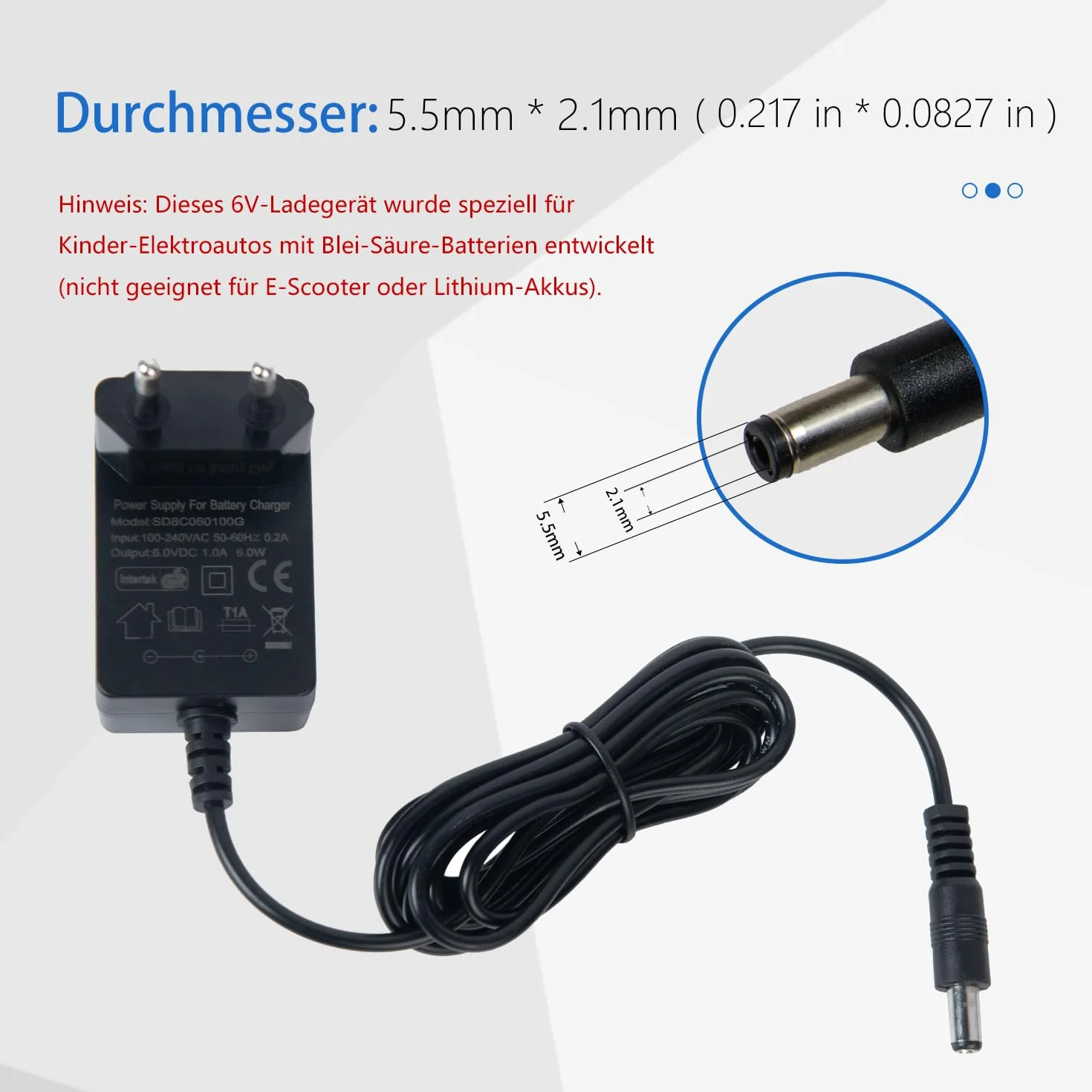 Cargador de 6 V para Juguetes de Paseo, Batería de Niños, Coche Eléctrico y Motocicleta