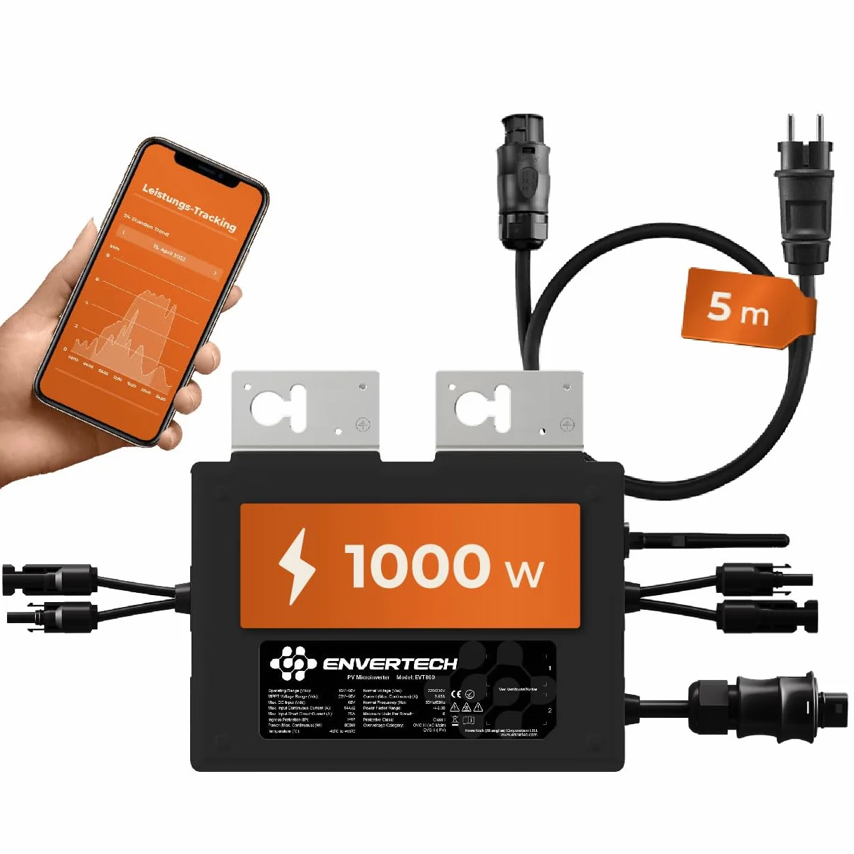 Solarway Microinversor Envertech (1000 W, 5 m cable, 800-1000 W balcony inverter, 2 PV modules, black case, app, WiFi, Bluetooth)
