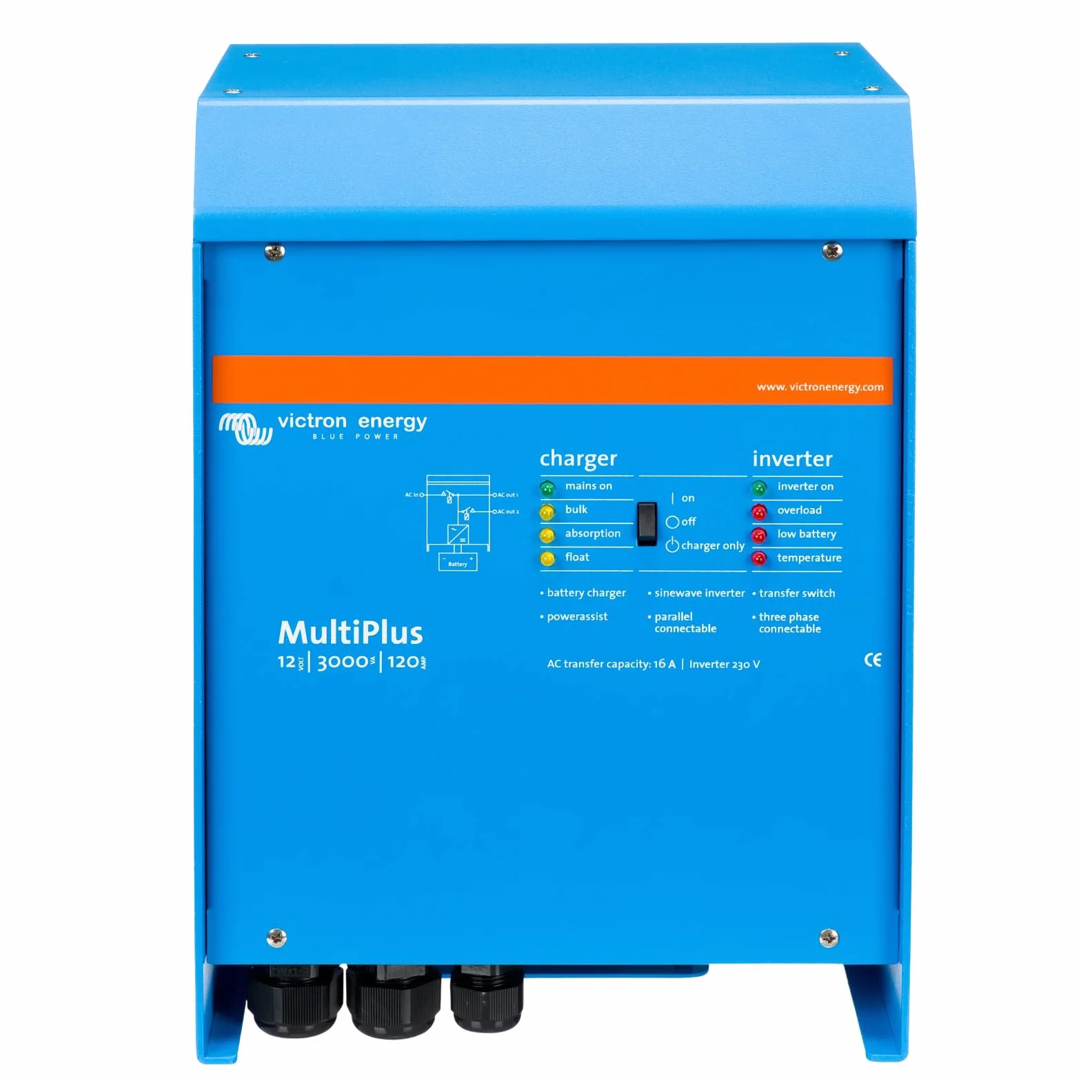 Victron Energy MultiPlus 3000VA 12-Voltios 230V Inversor de Onda sinusoidal Pura 120 amperios Cargador de batería, Interruptor de Transferencia 16 amperios