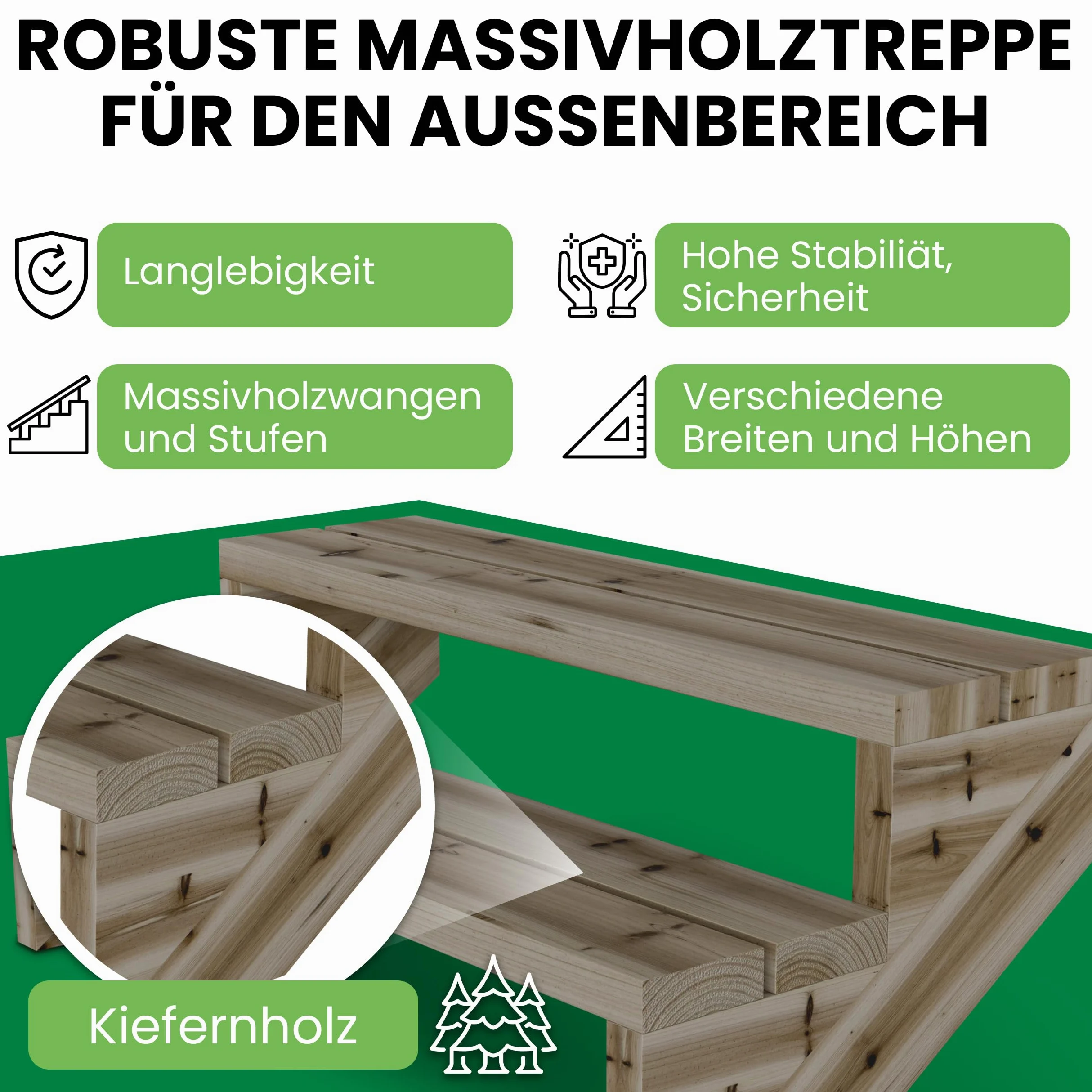 Gartenwelt Riegelsberger Escalera de terraza de pino impregnado – 95 cm de ancho, 2 peldaños, altura total 38 cm – Escalera exterior de madera maciza resistente a la intemperie con mejillas, tablones