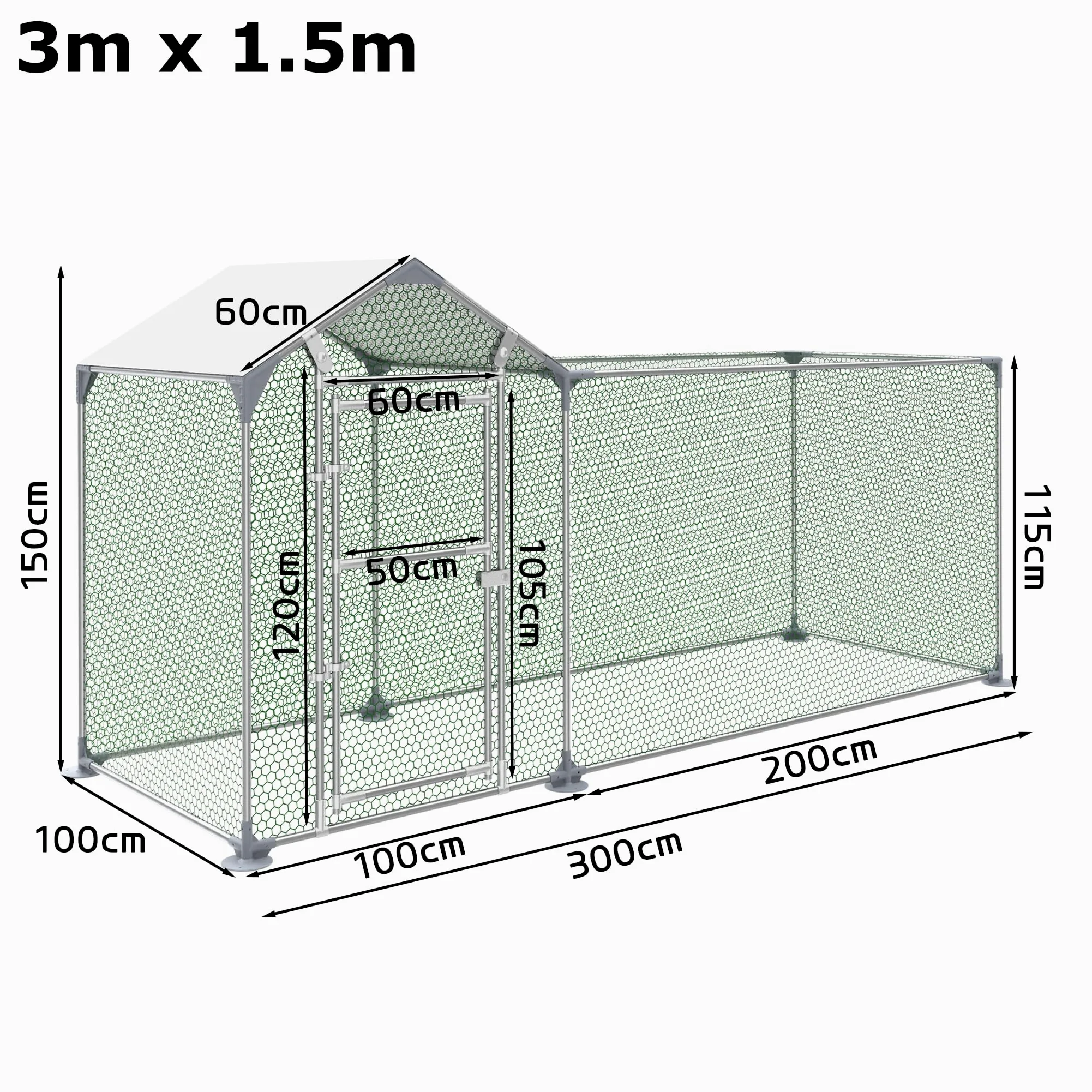 Gallinero de acero galvanizado, 3 x 1 x 1,5 m, con protección solar, techo, jaula para gallinas, cercado para gallinas, jaulas de aves de corral para gallinas, animales pequeños, aves de