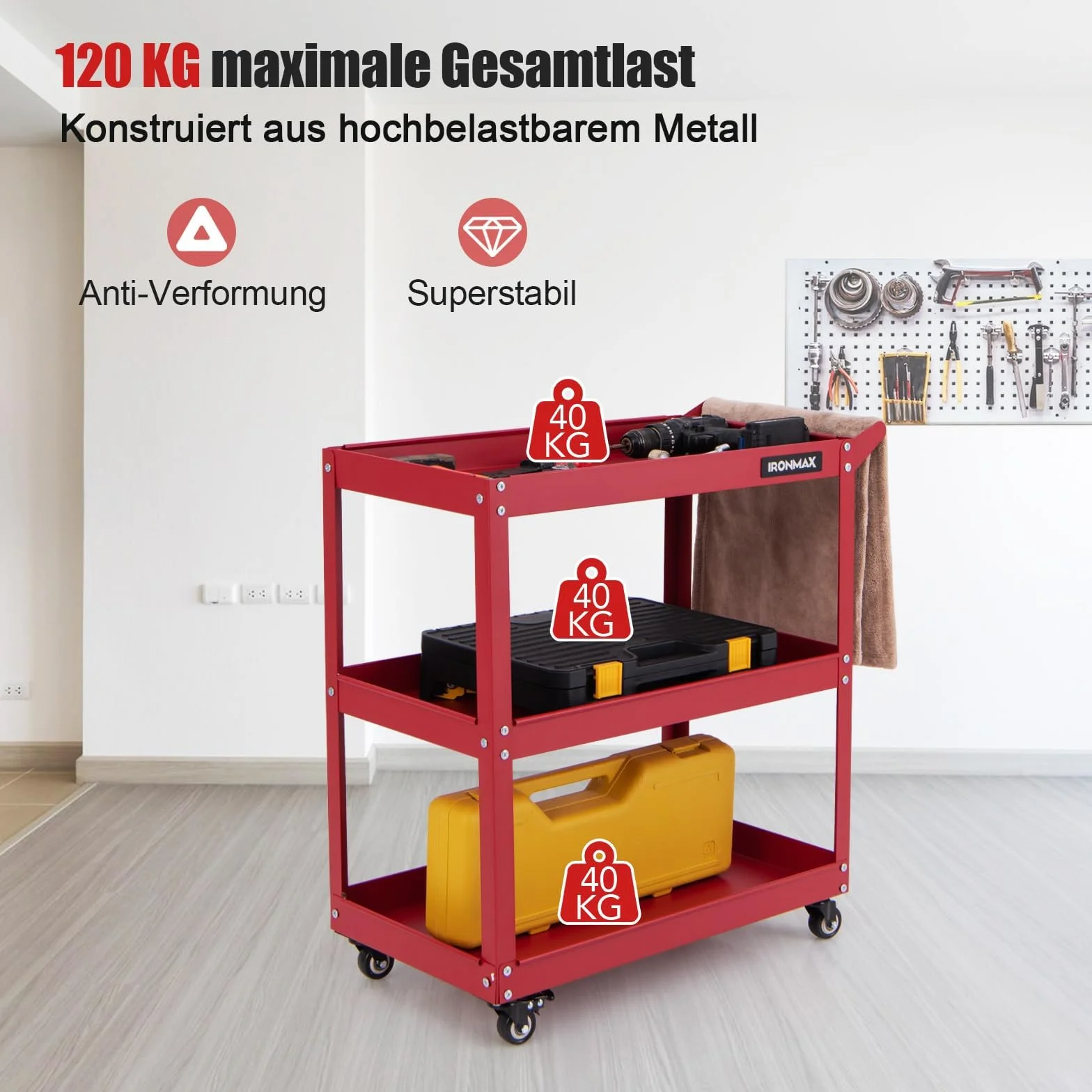 FANTASK Carro de Taller con Ruedas de 3 Niveles, Carro de Taller con 4 Ruedas universales y asa, Carro de Herramientas de Metal, Carro de Montaje, 120 kg, Carga para Garaje, hogar, almacén, 73 x 36 x