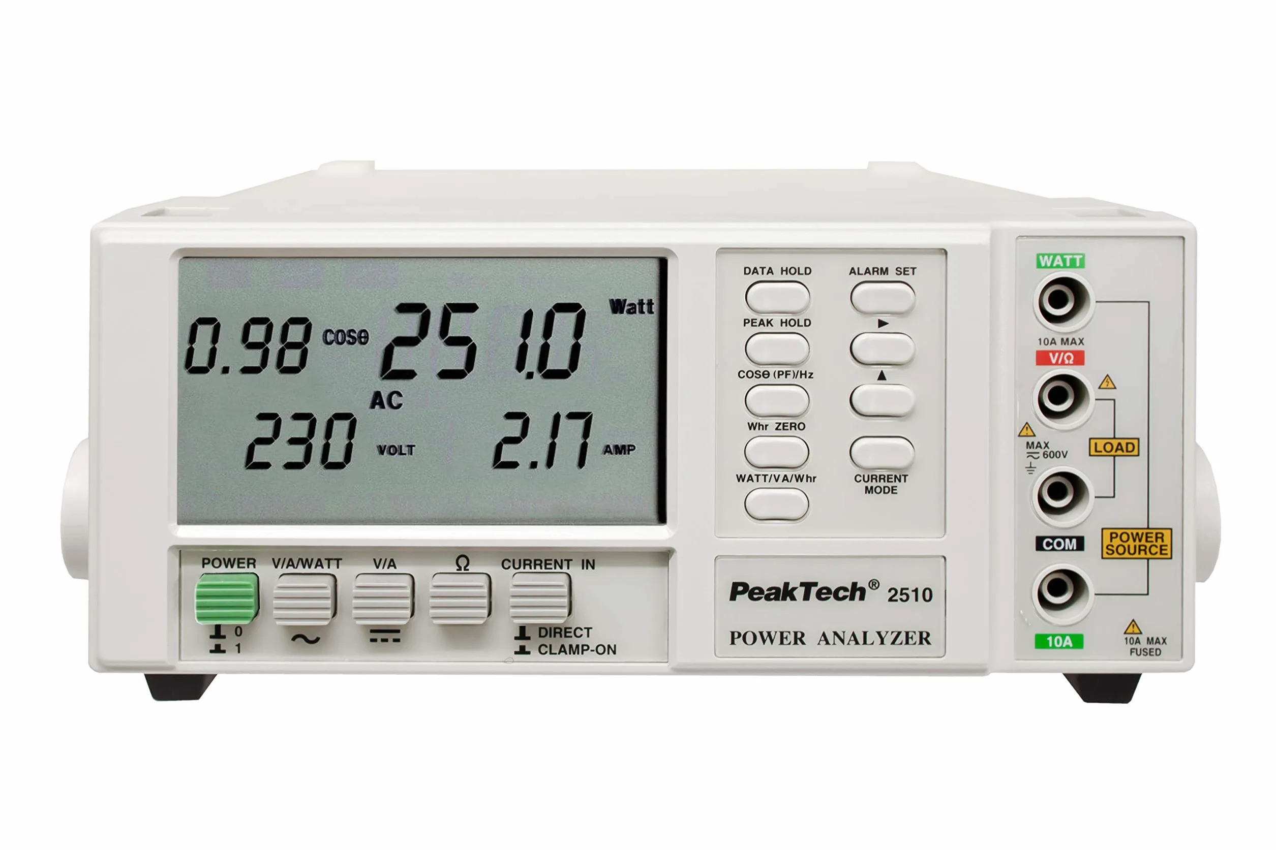PeakTech, 2510 Analizador de potencia, vatímetro, amperímetro Analizador de potencia de 1 fase hasta 1000 kW, pantalla hasta 10000 kWh con RS-232, cos phi, frecuencia, resistencia
