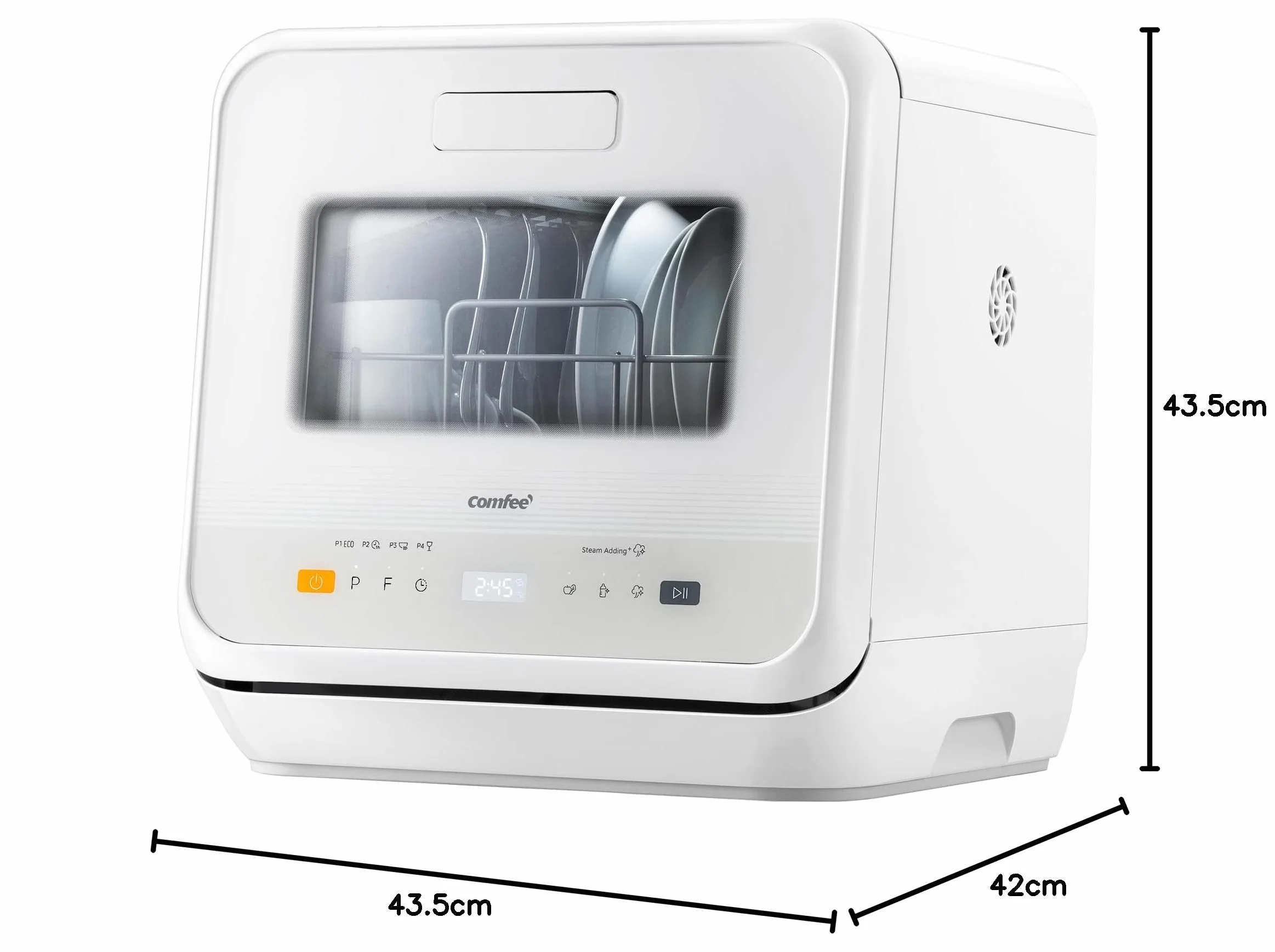 COMFEE' Lavavajillas de Encimera Mini, 6 Programas, Lavado con Vapor, Cuidado del Bebé, Lavado de Frutas, Sin Fontanería, Inicio Diferido, 72h Almacenamiento, Blanco