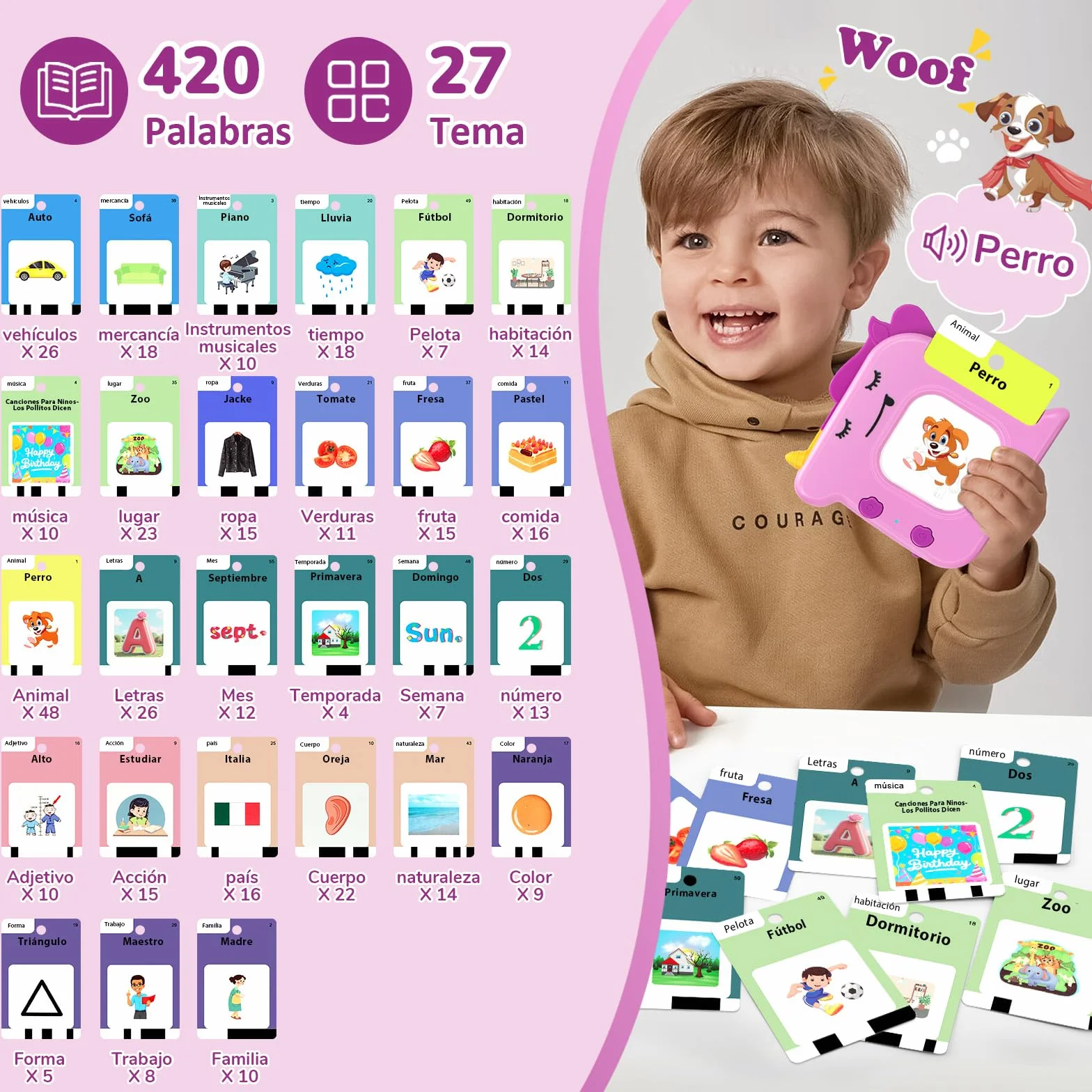 420 Palabras Tarjetas Flash Parlantes Español, Juguetes Educativos para Niños 3-6 Años, 112 Hojas, Juguete Montessori