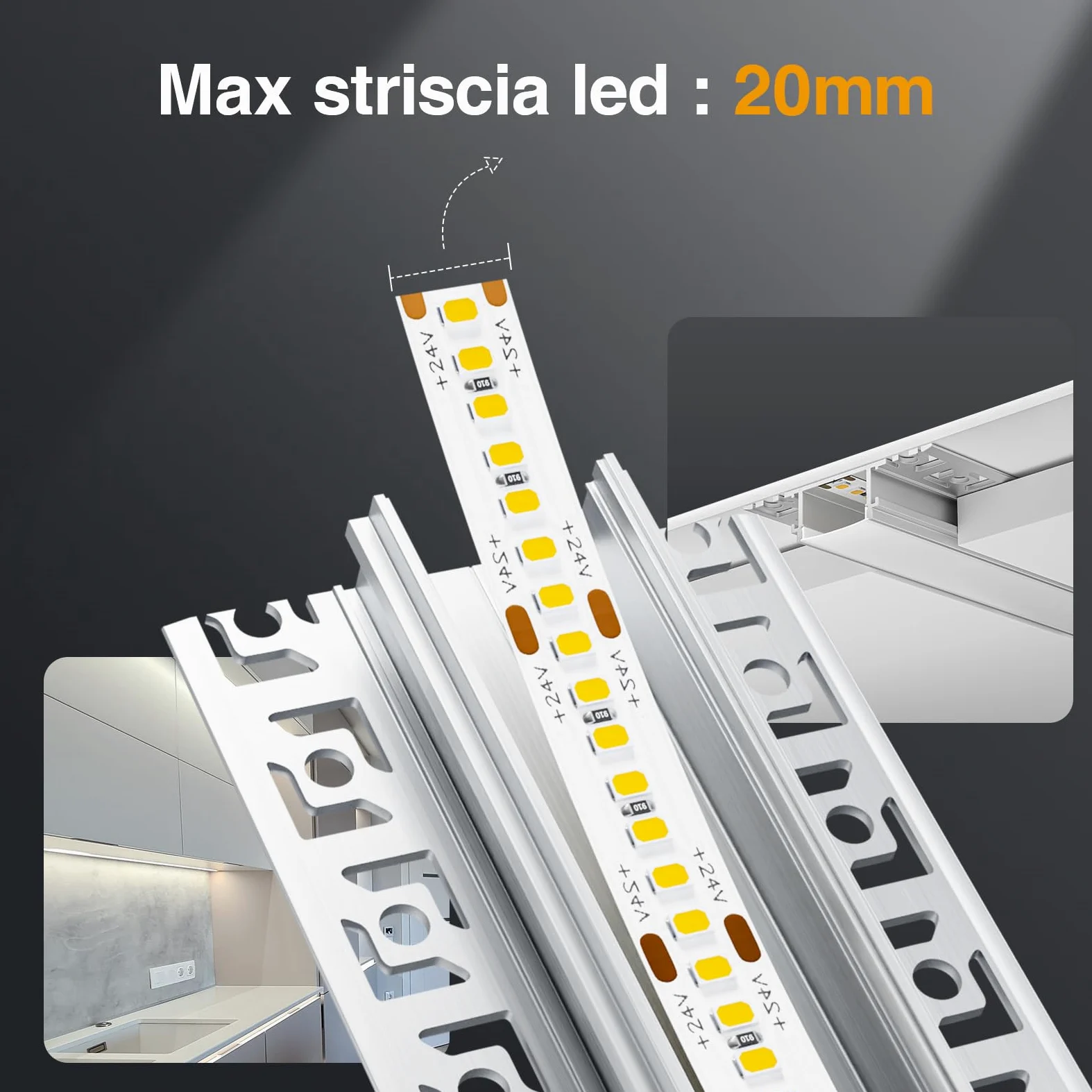 Perfil Aluminio Tira LED 2m 5 Piezas， Perfil LED de Cartón Yeso, Compatible con Tiras LED de Ancho Menor o Igual a 20mm - 64.2 x 13.8mm