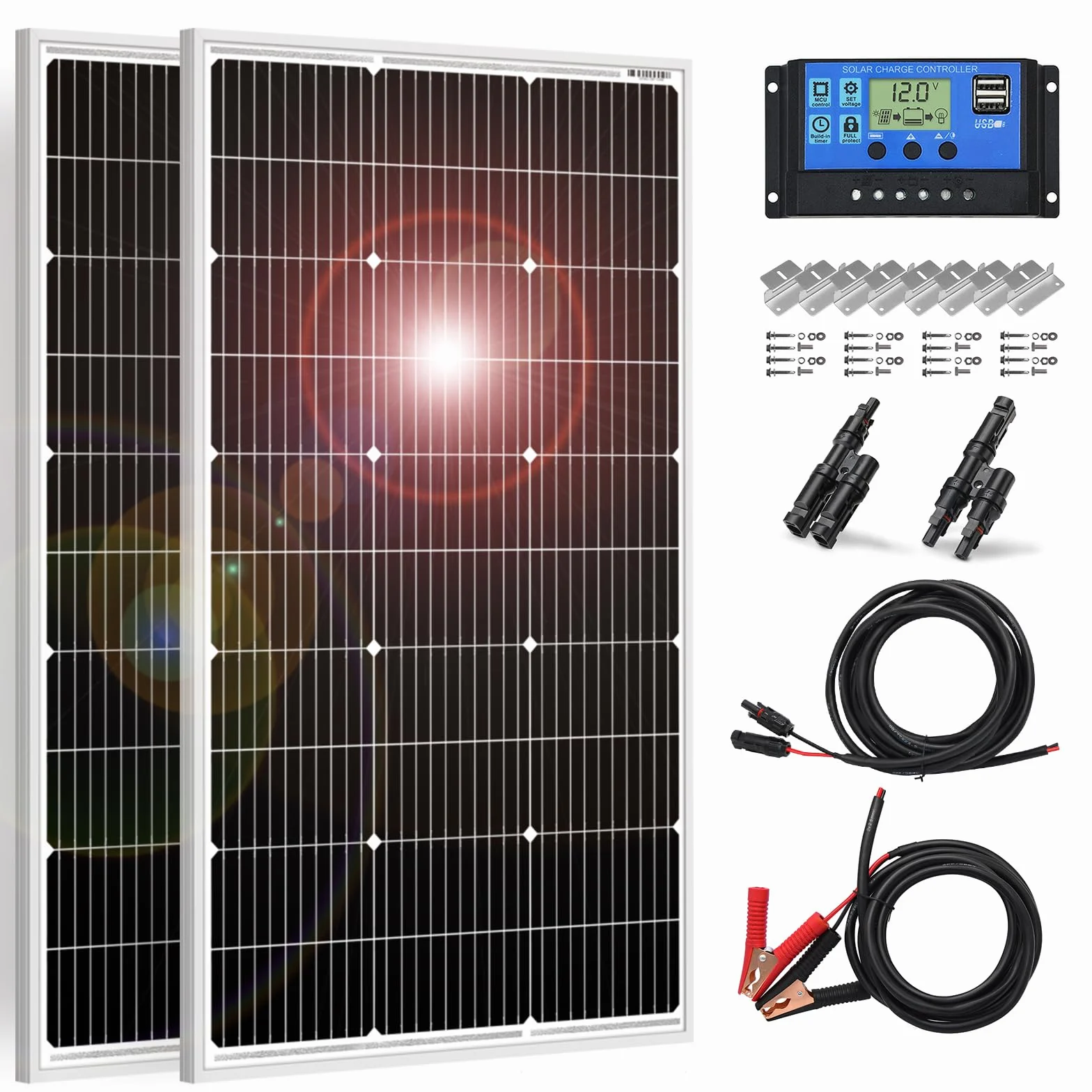 DOKIO 2PC Panel Solar 100W 18V Monocristalino 200W para carga de batería de 12V