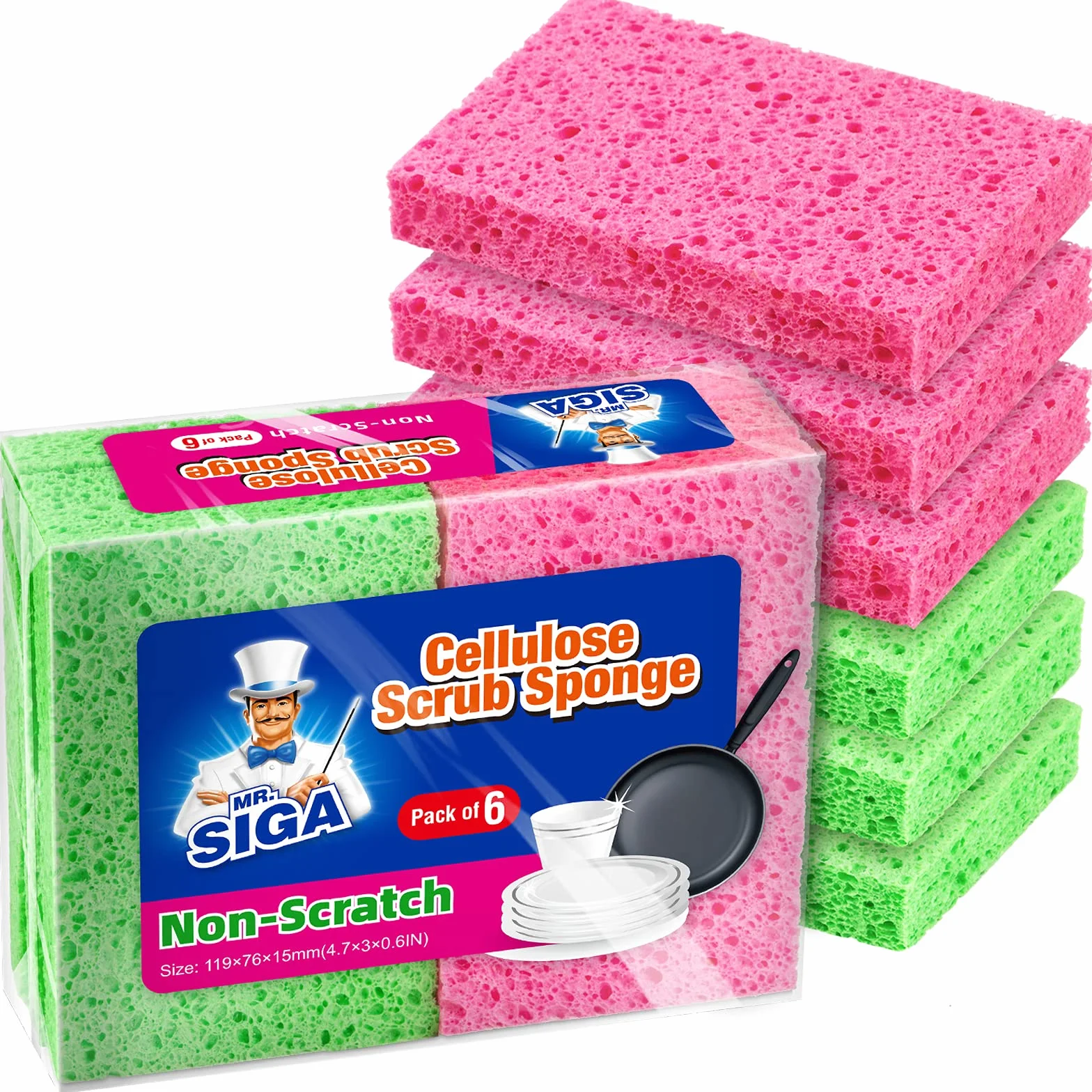 MR.SIGA Esponja de Cocina de celulosa, esponjas para Fregar Limpia ollas sin rayones Esponja de Limpieza vajilla Muy Absorbente, 12 Piezas