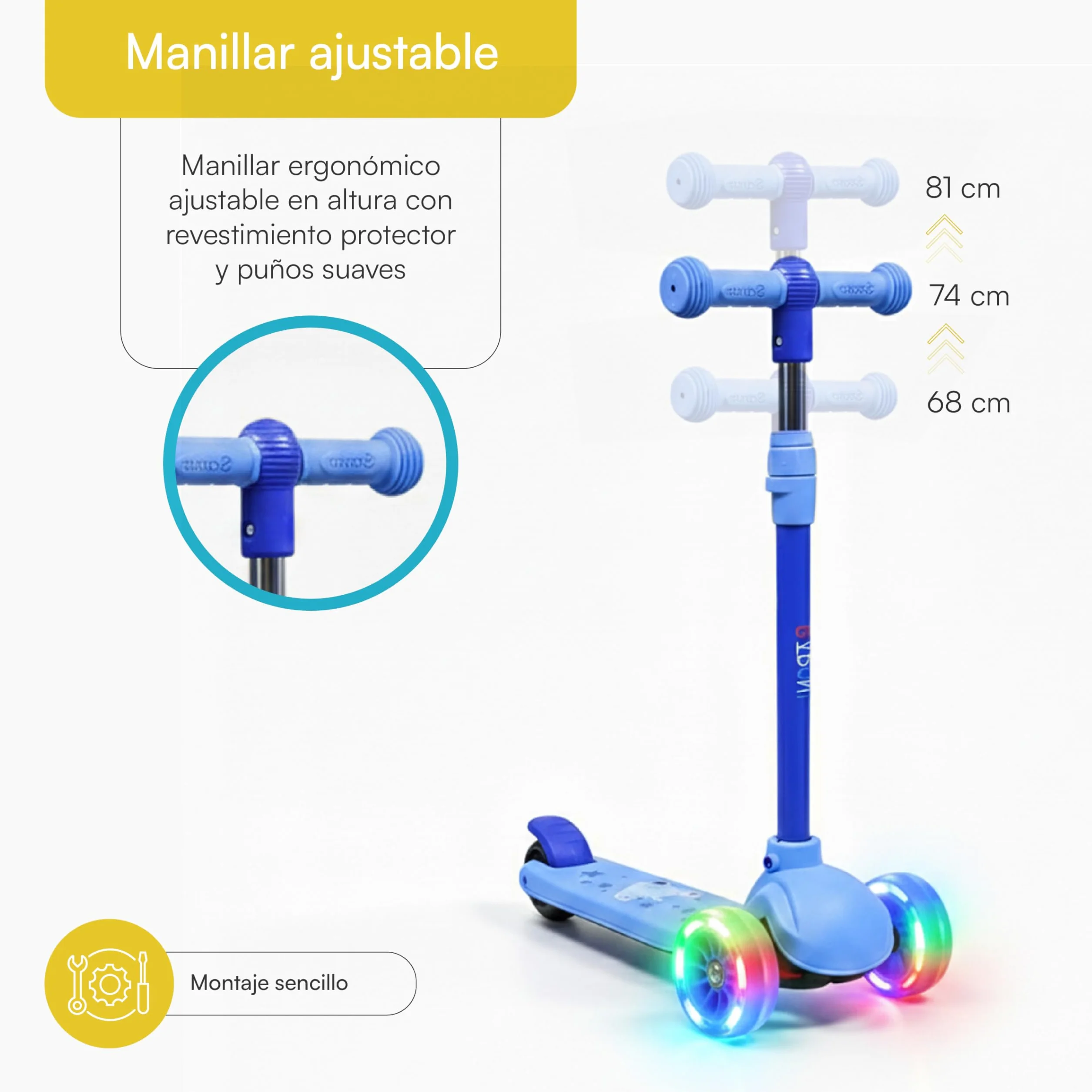 Baroni Toys Patinete 3 Ruedas Niños 3+ Años LED Sin Pilas Manillar Ajustable 3 Alturas Freno Trasero 52x25x81 cm Azul