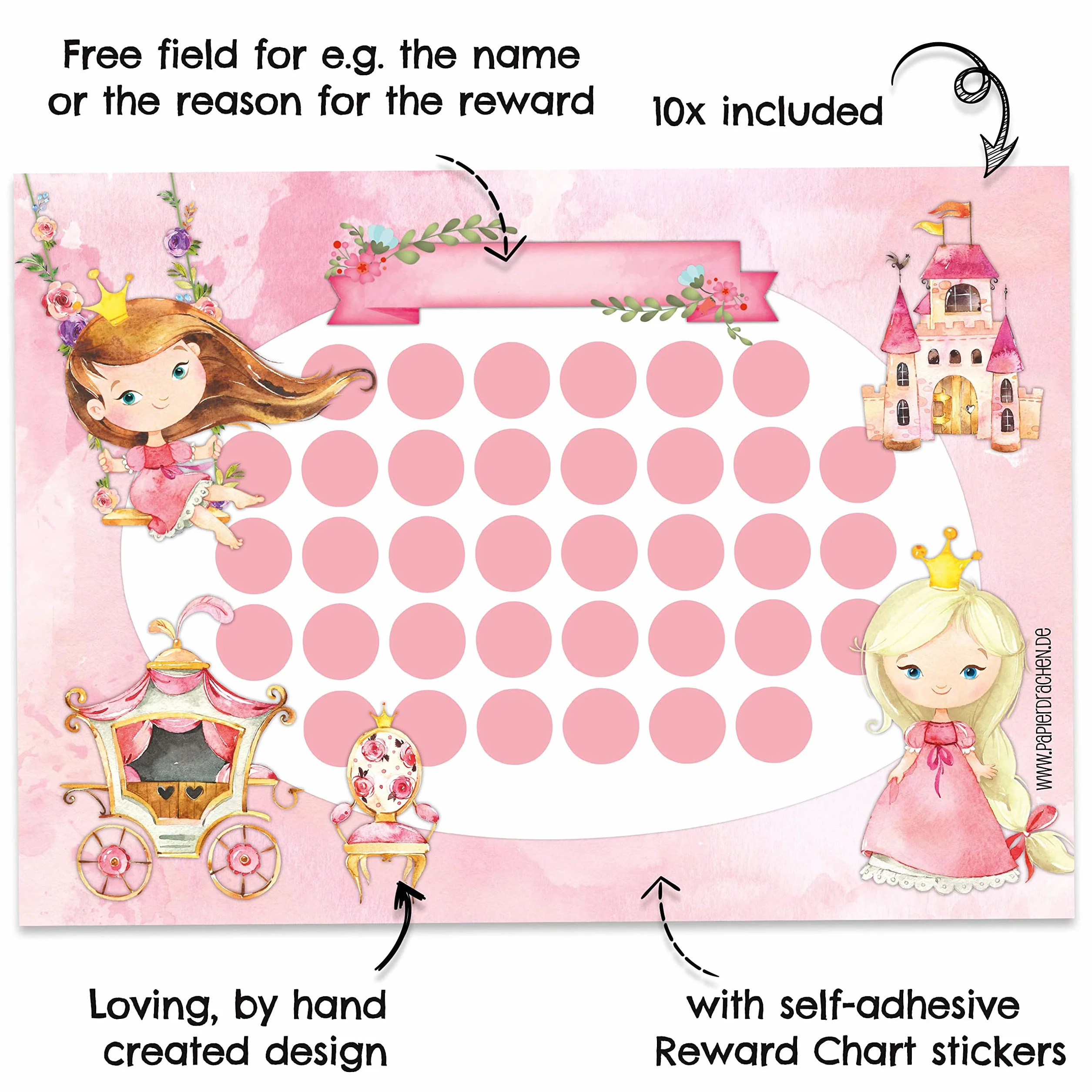 Papierdrachen Juego de Tablero de recompensas para niños Bloc 10 Hojas Pegatinas Princesa Set 18
