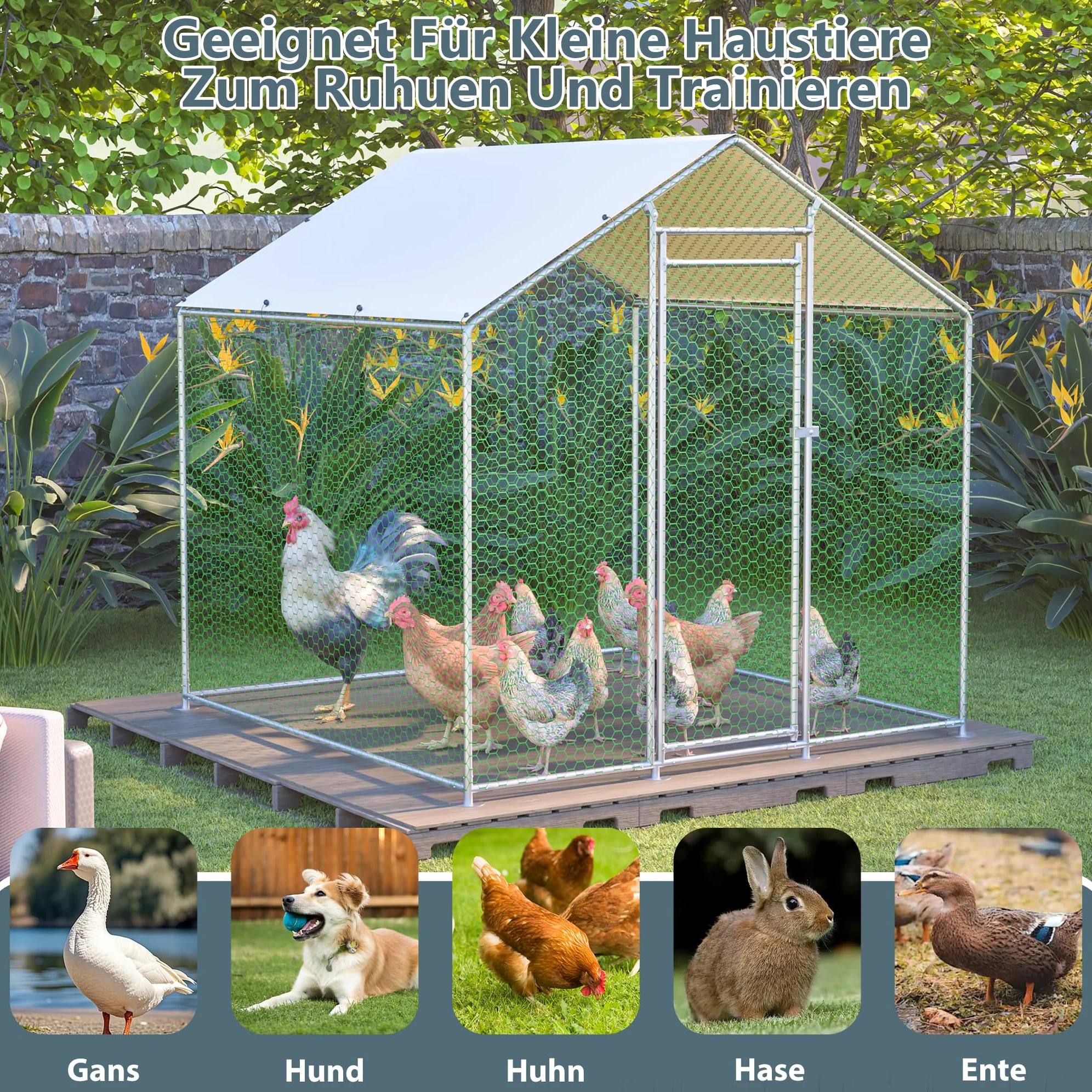 Redkid Corral Metálico para Gallinas 4m² 2x2x2m, Recinto Exterior para Gallinas, Conejos y Pequeños Animales, Lona PE Impermeable, Cierre de Seguridad