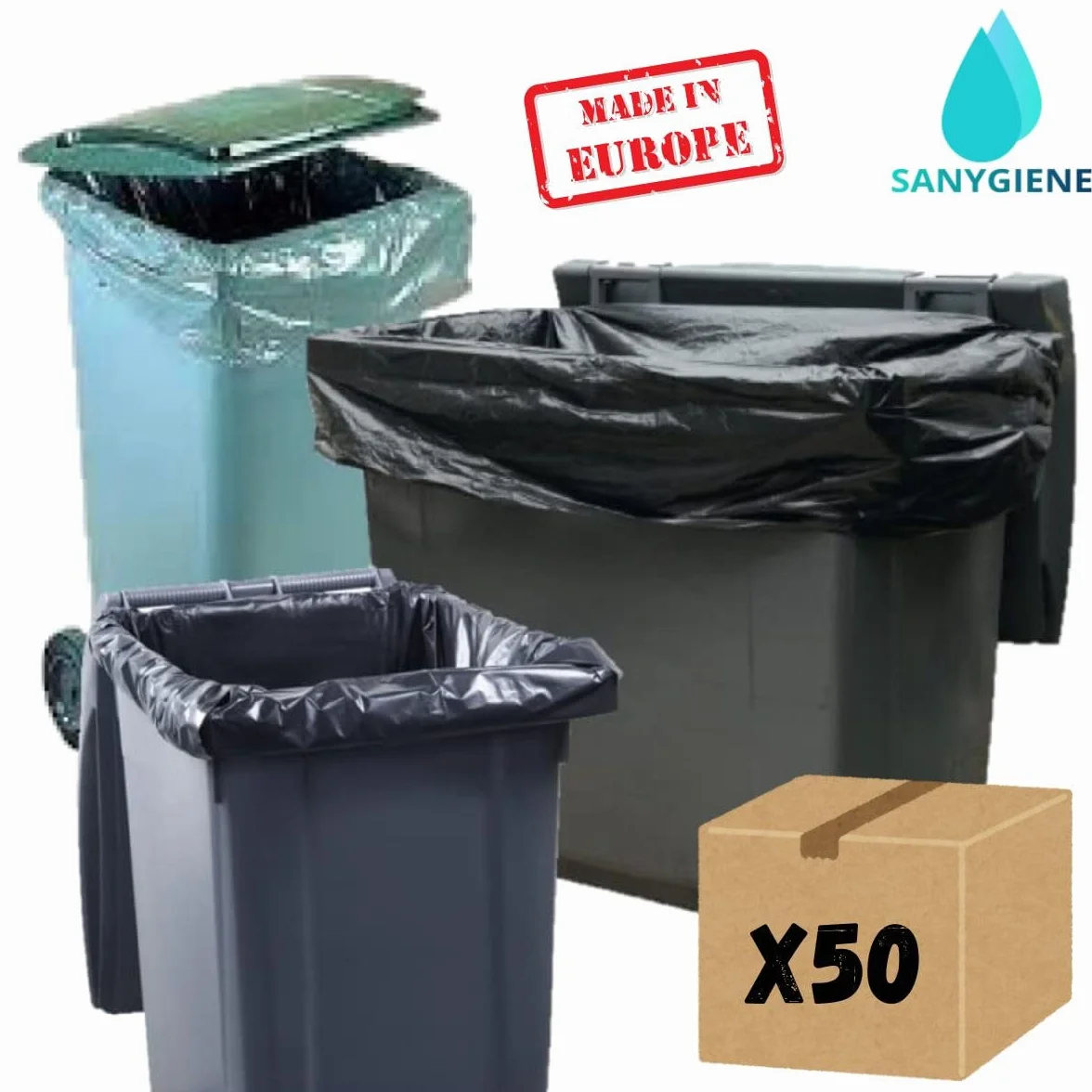 SANYGIENE | Bolsa de basura 1000-1100 L | Funda protectora contenedor 1000 L | Cartón 50 bolsas | Negro opaco | Gama profesional | Grosor 30µ | Anti fugas