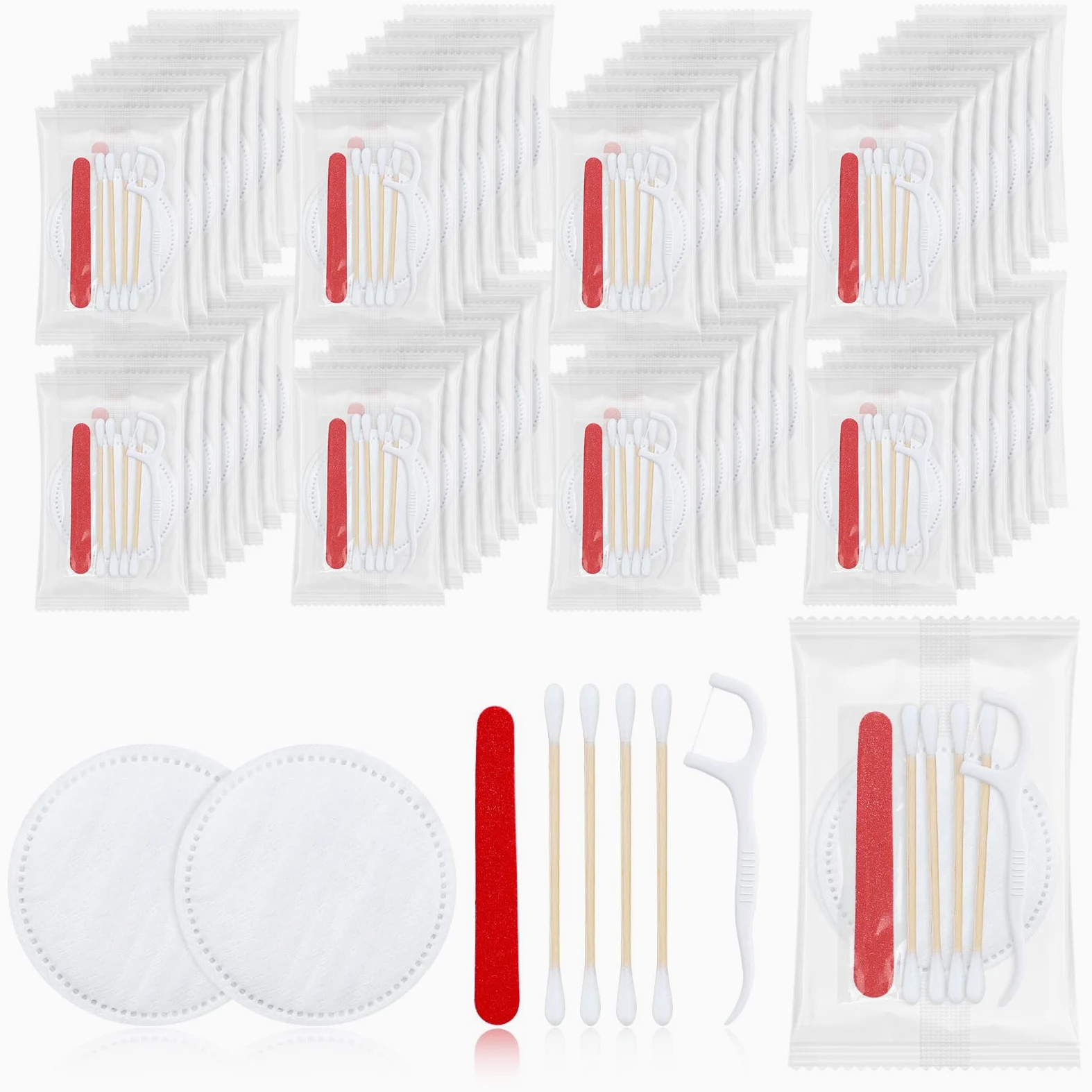 Kits de tocador a granel, hotel empaquetado individualmente, 100 piezas con almohadillas de algodón, hisopos, hilo dental y lima de uñas