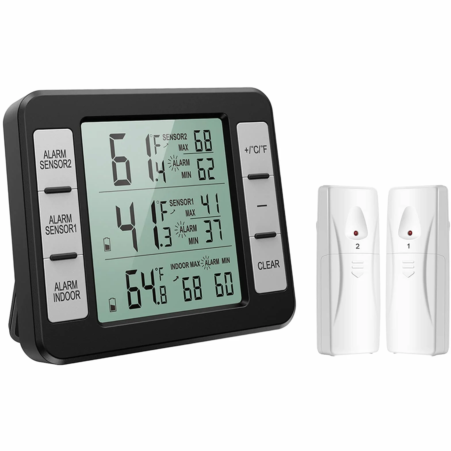 ORIA Termómetro Refrigerador Congelador Digital 2 Sensores Pantalla LCD Alarma Audible Registro Max/Min Negro