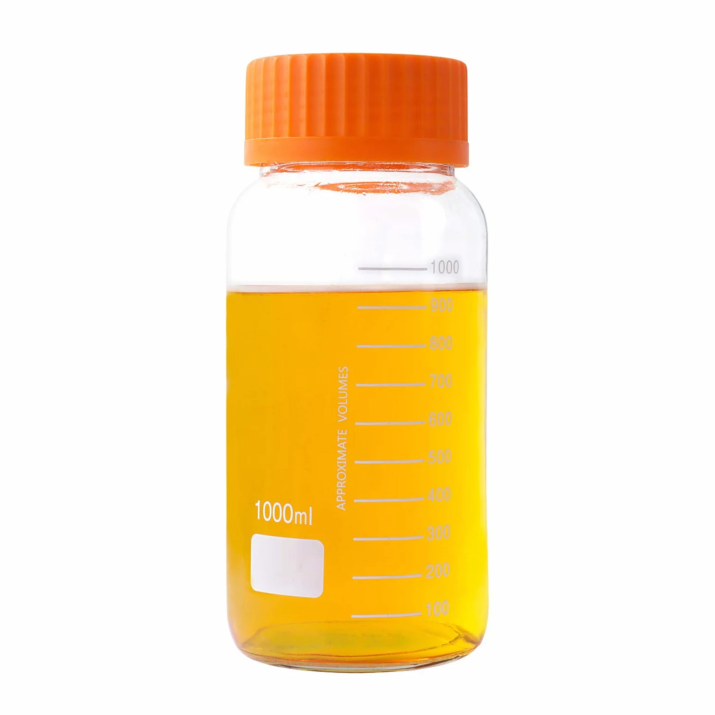 Pyrex - Paquete de 3 botellas de vidrio redondas graduadas de boca ancha de 1000 ml con tapón de rosca de polipropileno naranja GL80