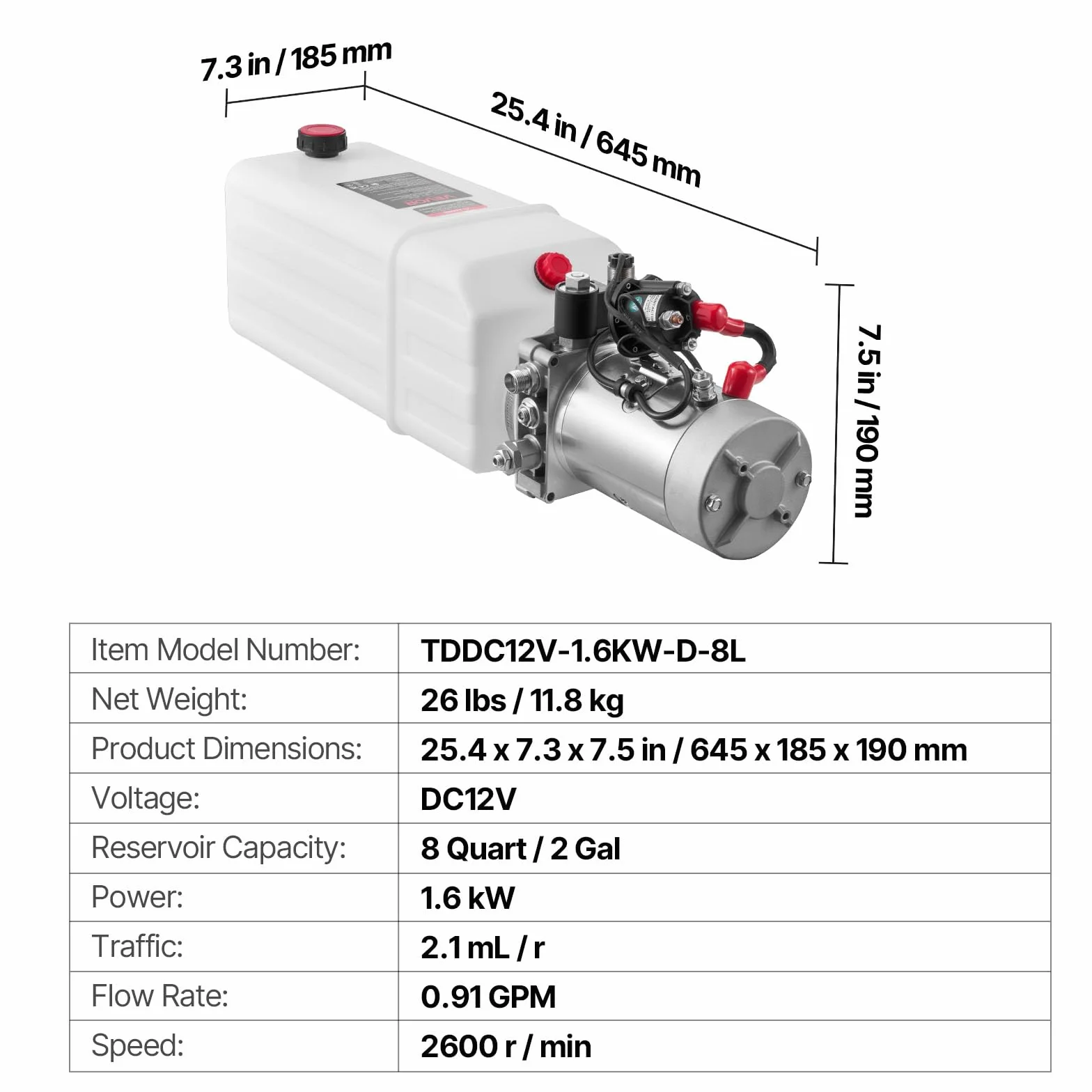 VEVOR Bomba Hidráulica de Simple Efecto 8 Cuartos 12 V CC, Bomba del Remolque Volquete Caudal de 3,4 L/min, Presión Máxima de Alivio de 22 MPa, para Elevación de Vehículos, Elevadores de Tijera