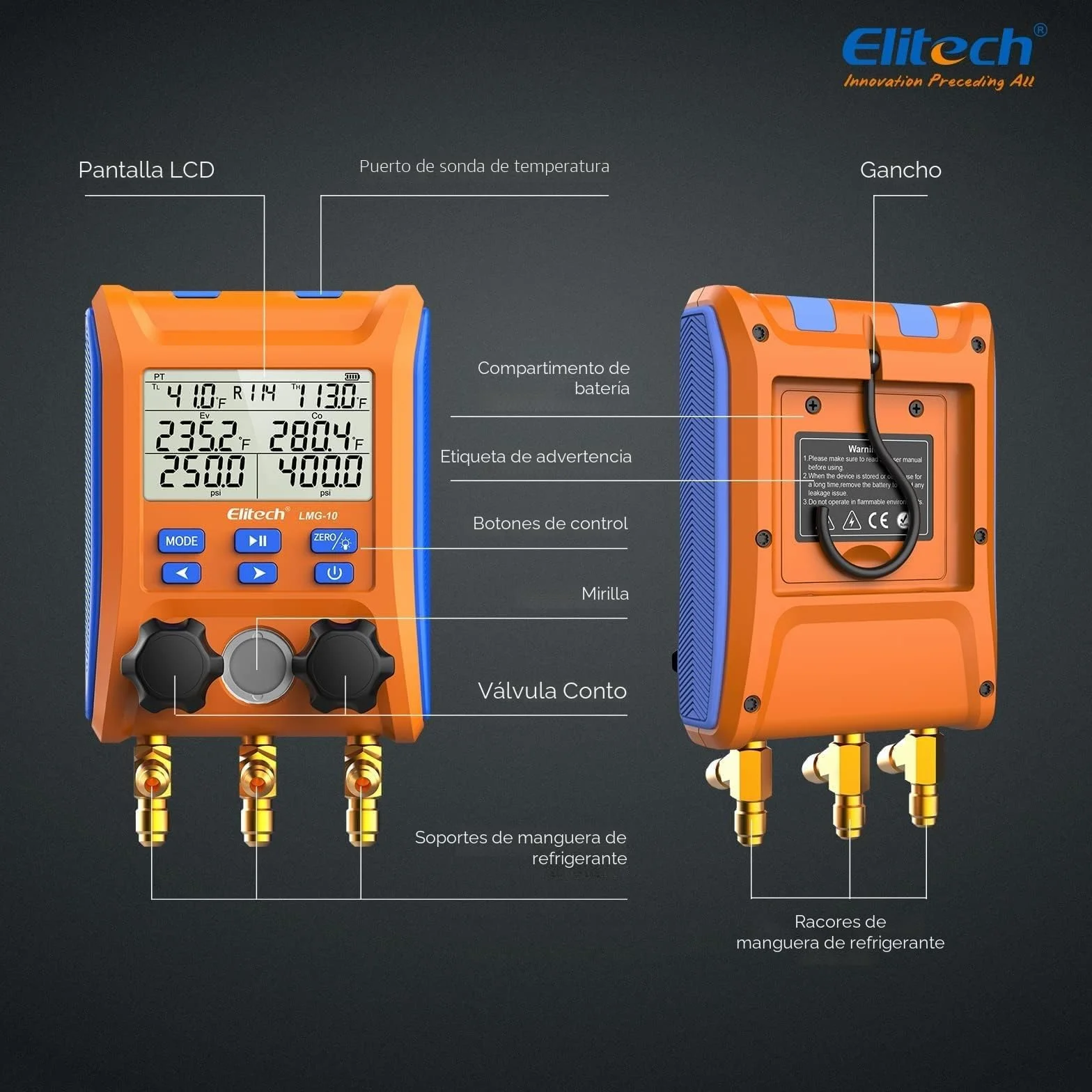Elitech Juego de Manómetros Digitales de Refrigeración LMG-10, Alta Precisión, HVAC