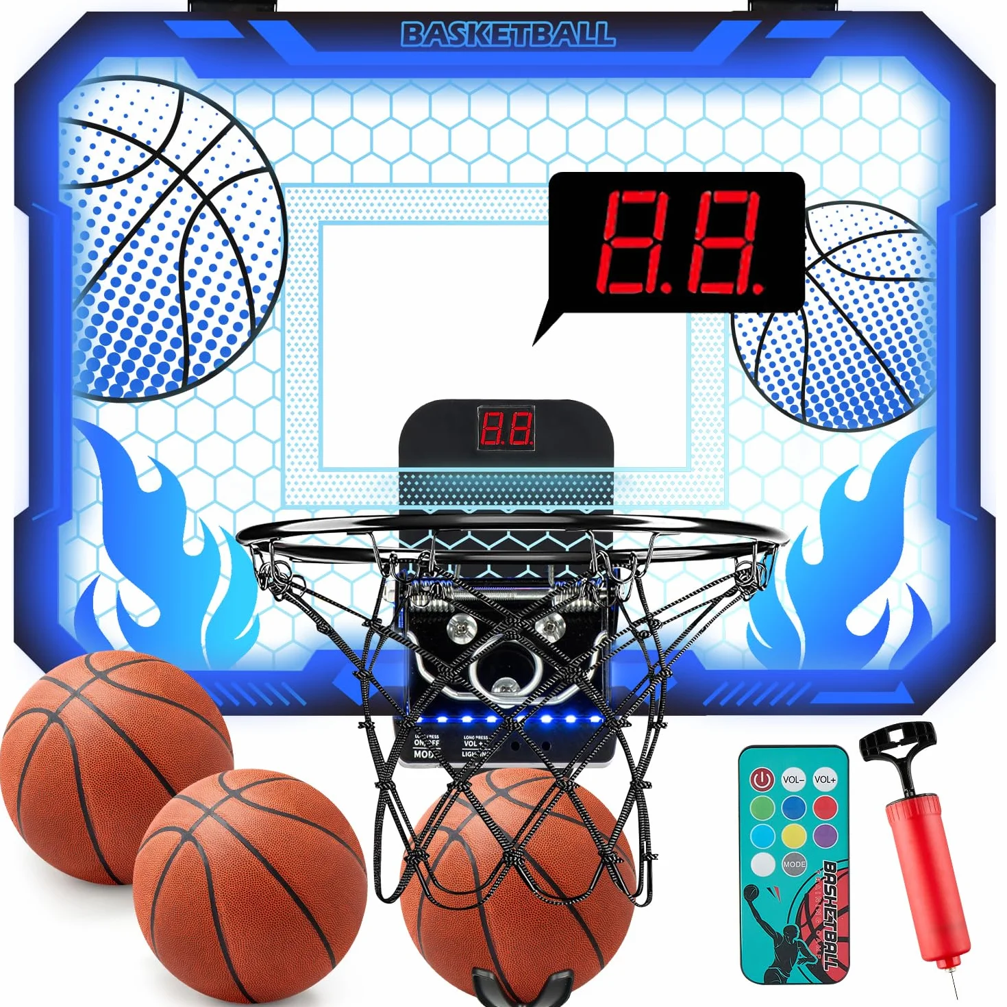 VROGTIK Aro de baloncesto interior con luces LED 7 colores, control remoto, montaje sobre puerta, marcador
