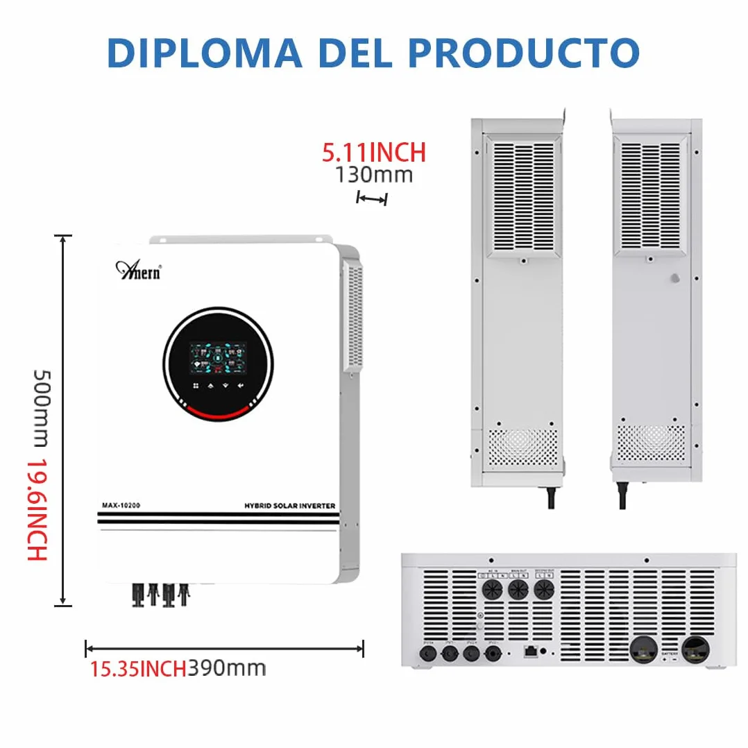 10.2KW Inversor Solar Híbrido DC48V a AC230V Inversor Off-Grid de Onda Senoidal Pura con Cargador Solar MPPT 160A MAX PV 500W DC90-450V Entrada Trabajo con Plomo-ácido y Batería de Litio