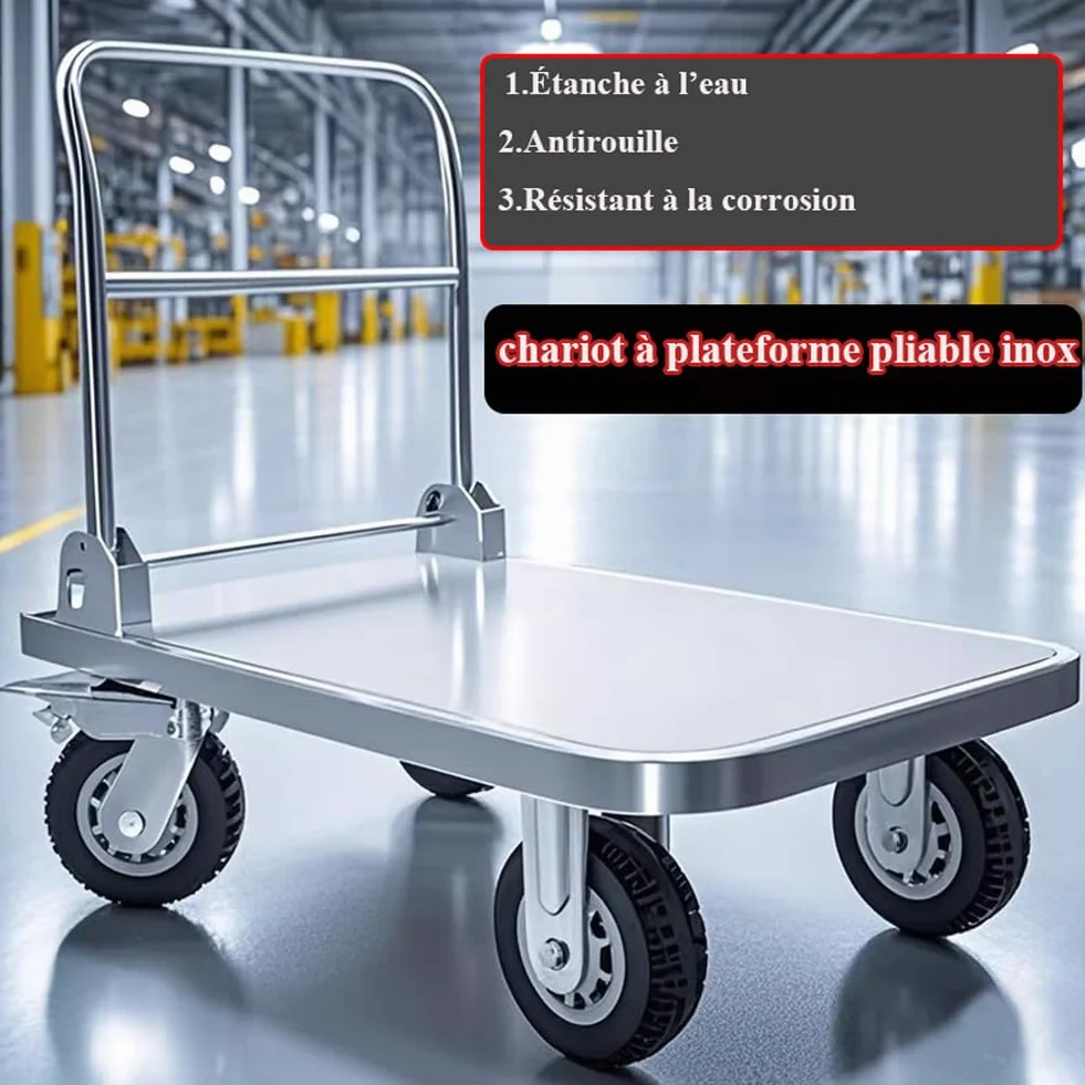 Carrito INOX Plegable 400 kg, Carro de Transporte con Plataforma de Carga Pesada de Acero Inoxidable, Ruedas giratorias 360° (15 cm) y Cama Plana 90x60 cm, Ideal para almacenes y talleres
