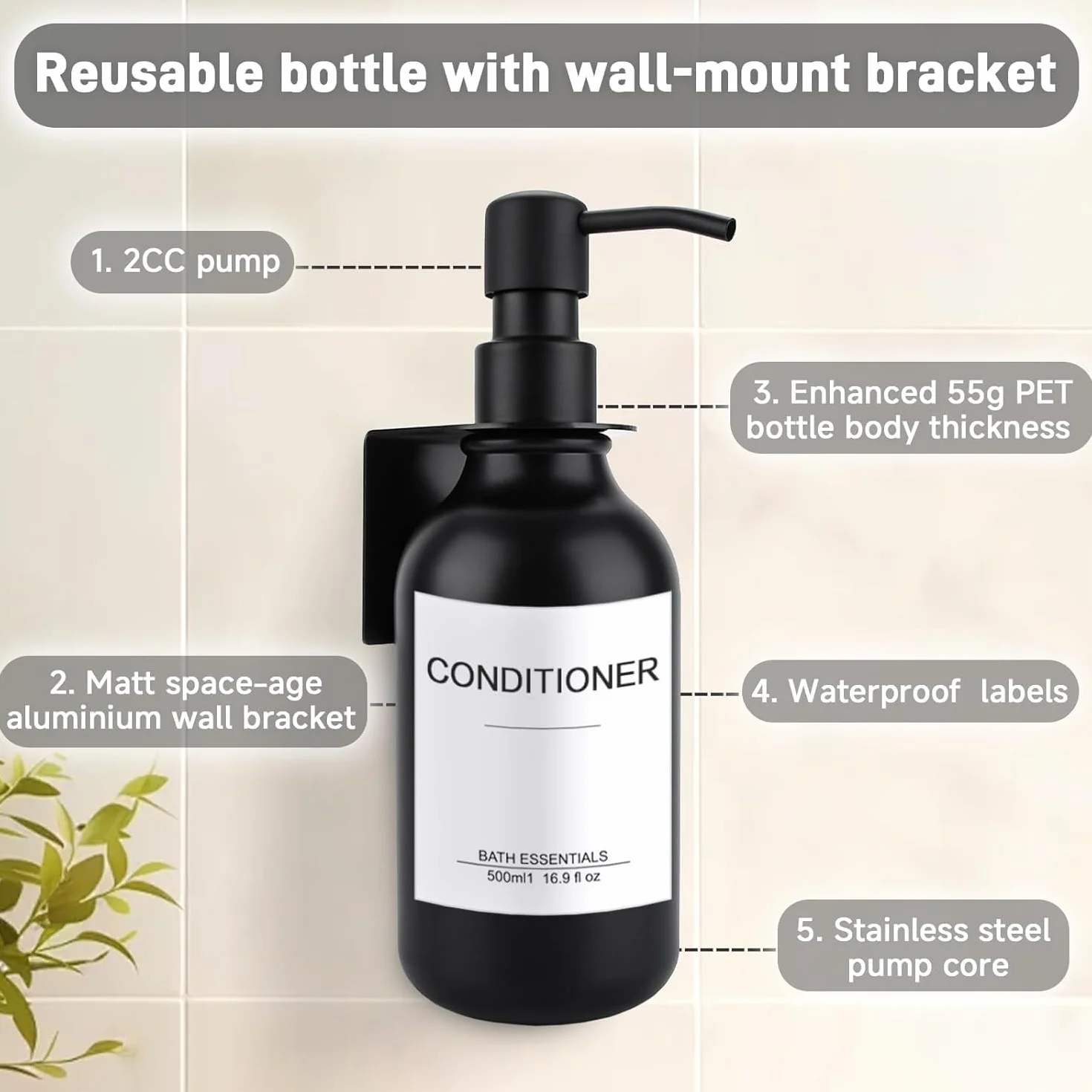Dispensador Jabón Baño Pared 3 Piezas Botellas Vacías 500 ml Dosificador Bomba Plástico