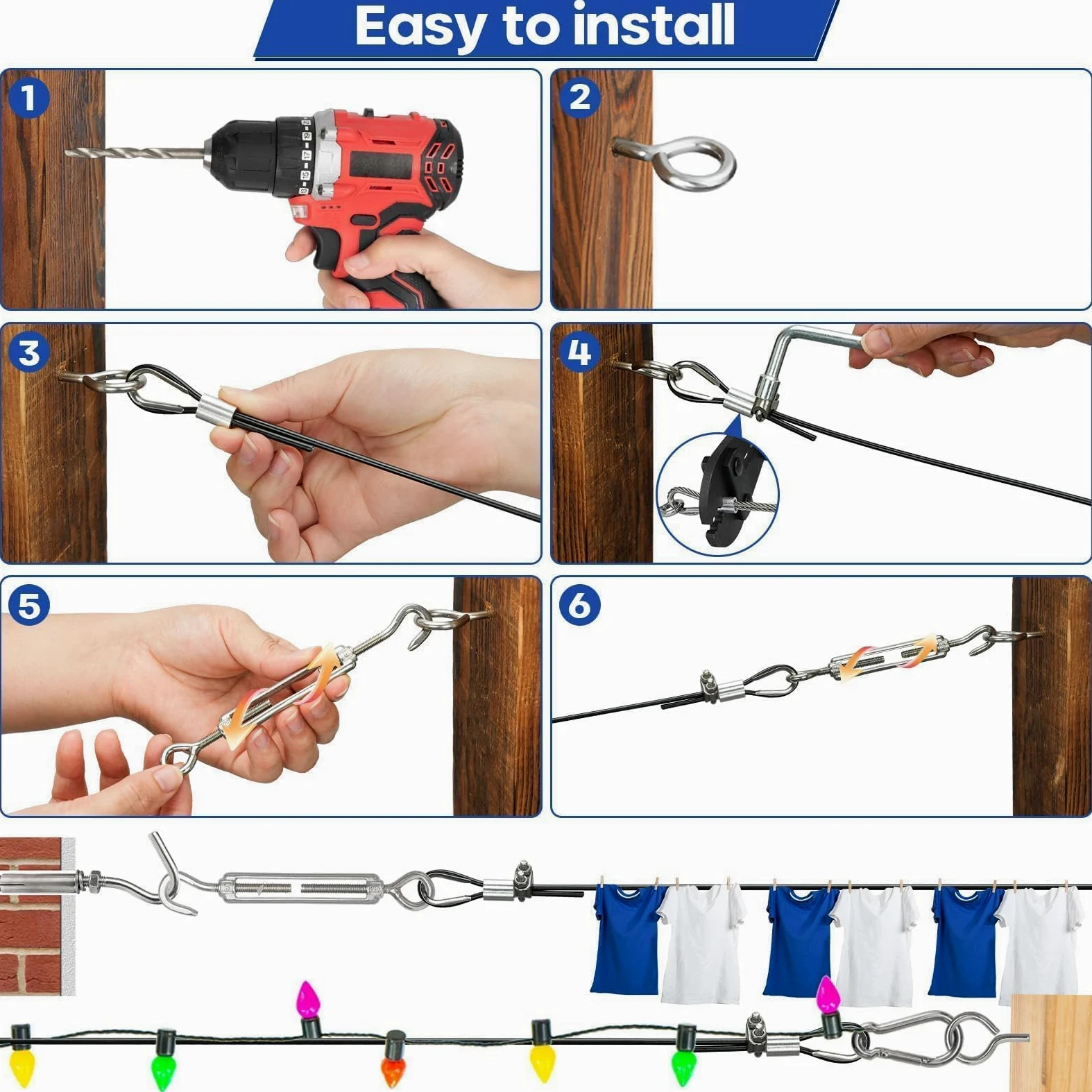 TooTaci Kit de Cable de Acero Inoxidable Negro de 3mm y 60M Revestido en Vinilo – Con Tensores M5 para Luces Colgantes, Tendedero, Enrejado de Jardín y Cortinas