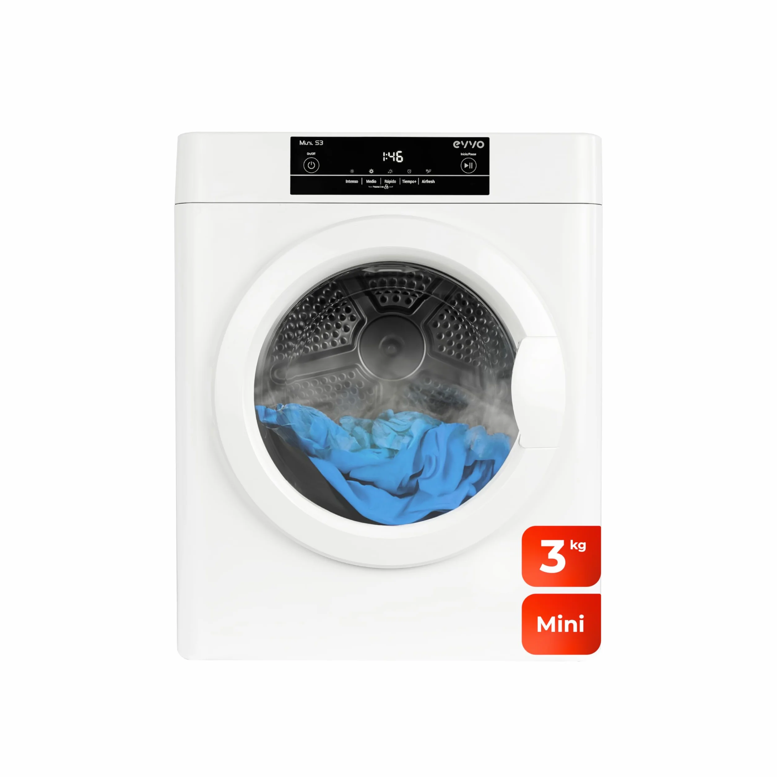 EVVO Secadora De Ropa Mini S3 3kg Portátil Airfresh Sensor Humedad Sin Instalación Blanco