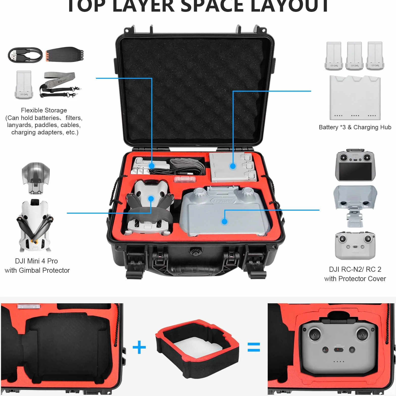 FPVtosky Drone Mini 4 Pro Accesorios 5-IN-1 Kit, Dual Layer Maleta para DJI Mini 4 Pro
