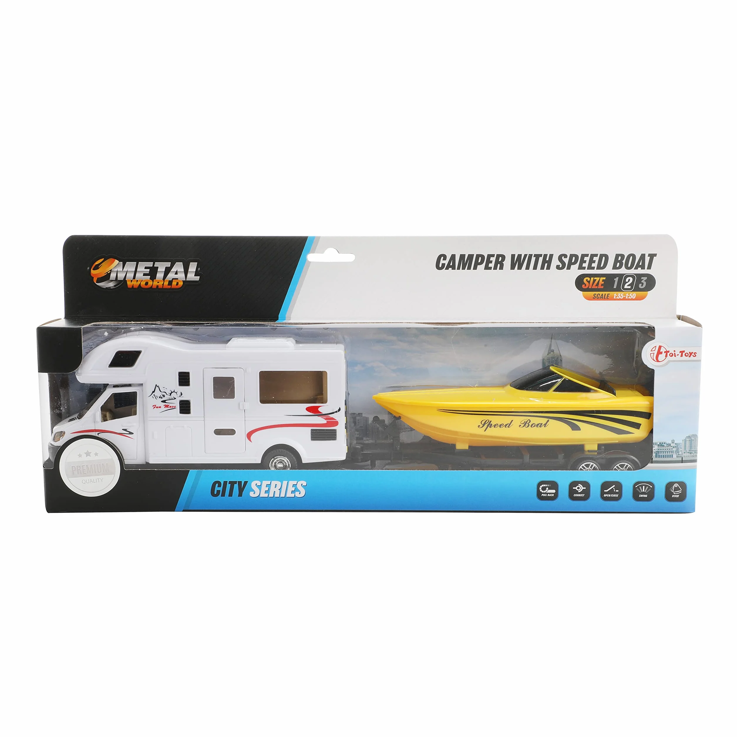 Toi-Toys Camper con Remolque de Barco - Coche de Juguete - Caravana & Barco de Carreras - Motor de Retirada - Modelo Coche a Partir de 3 años