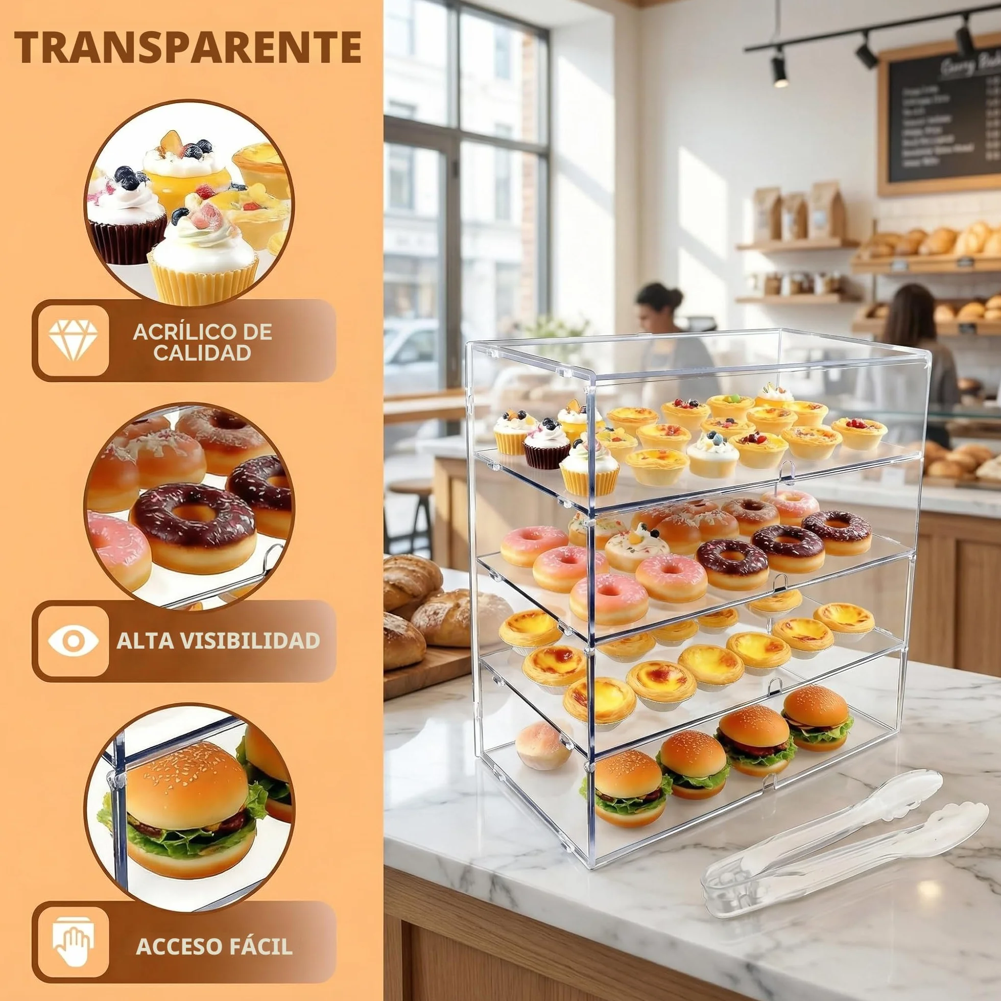 Vitrina Transparente para panadería con encimera de 3 Niveles, Paneles PETG de Alto Impacto de 5 mm (LJ039C 4-Tiers transdparent)