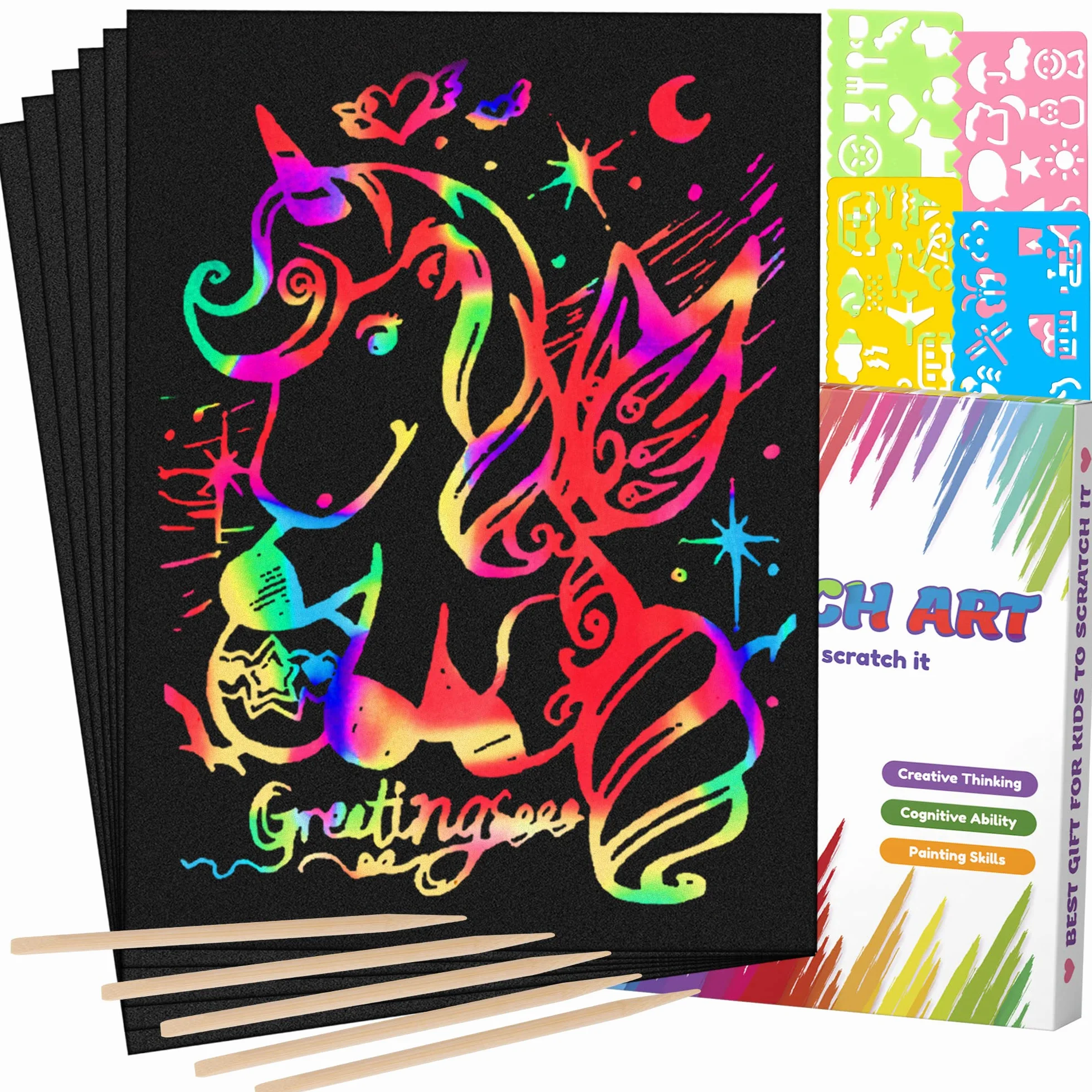 Mocoosy Juego de 60 piezas Papel Artístico para Rascar para Niños - Arcoíris Scratch Art Kit con 4 Plantillas 5 Lápices
