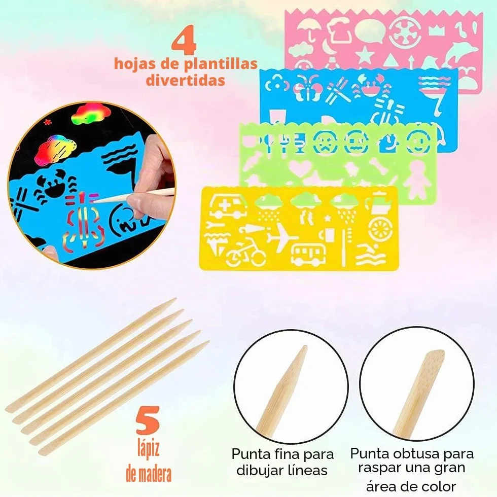 Mocoosy Juego de 60 piezas Papel Artístico para Rascar para Niños - Arcoíris Scratch Art Kit con 4 Plantillas 5 Lápices