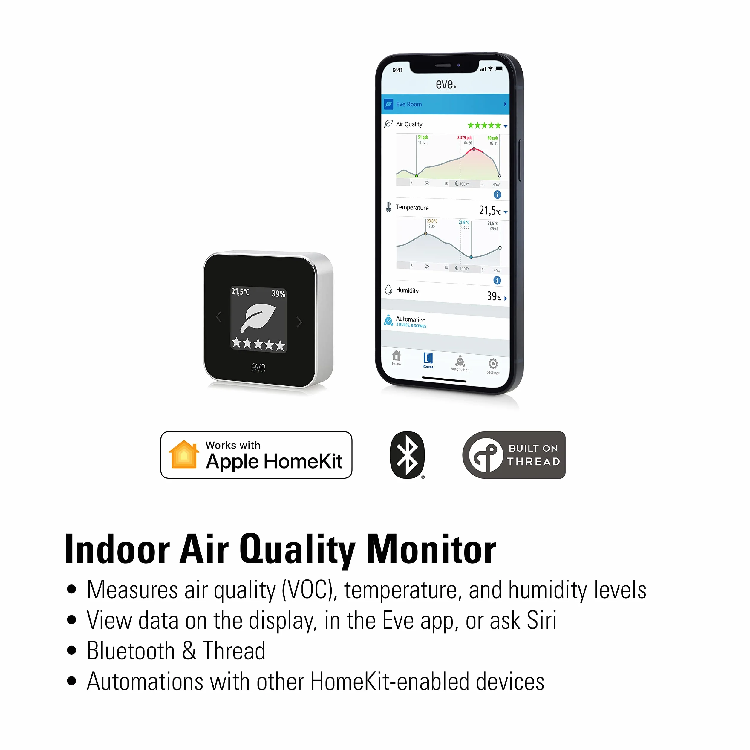 Eve Room – Sensor de calidad del aire para interior para registrar la calidad del aire (COV), temperatura y humedad, tecnología Apple HomeKit, Bluetooth, Thread