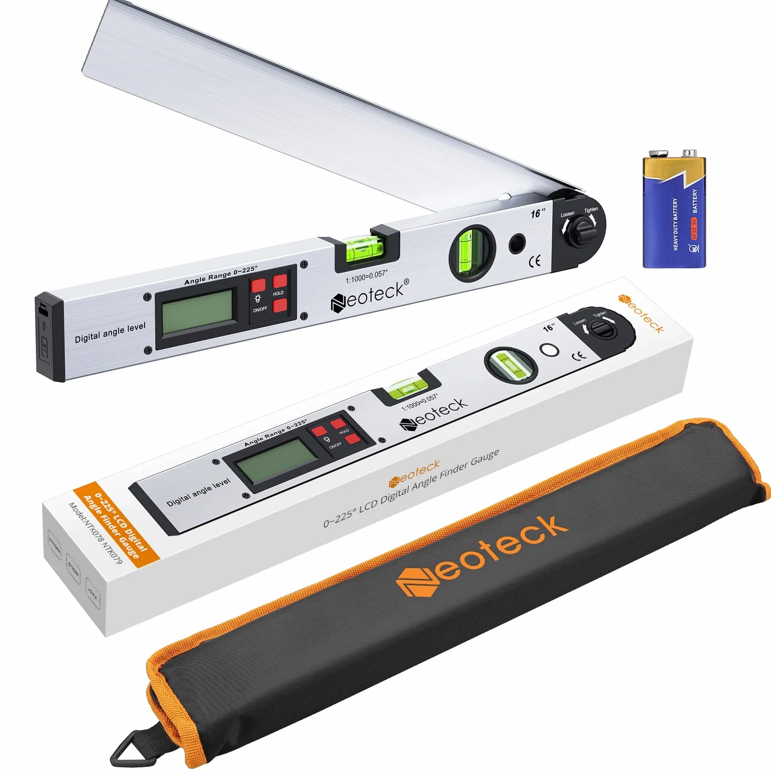 Neoteck Buscador de Ángulo Digital 400mm 0~225° Transportador de Ángulo con Bolsa Portátil Nivel LCD Retroiluminada