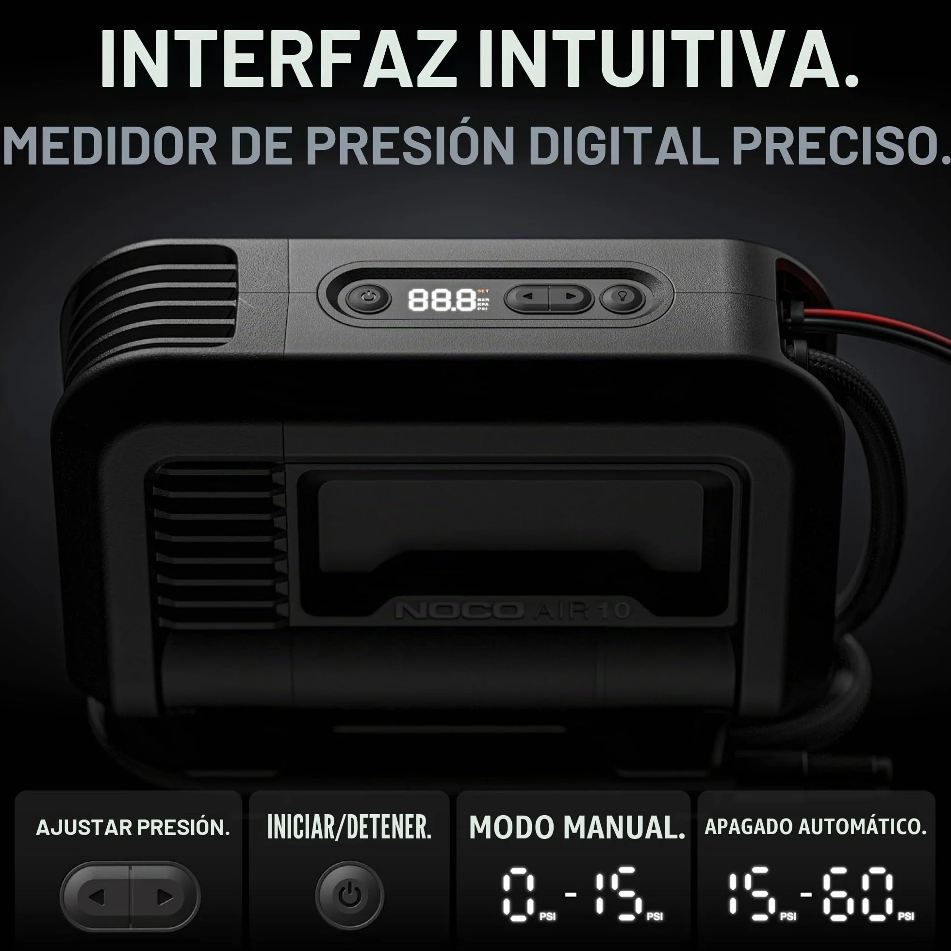 NOCO AIR10 Inflador de Neumáticos 10A Compresor de Aire Portátil 12V 36 SLPM 0-40 PSI Manómetro Digital Apagado Automático