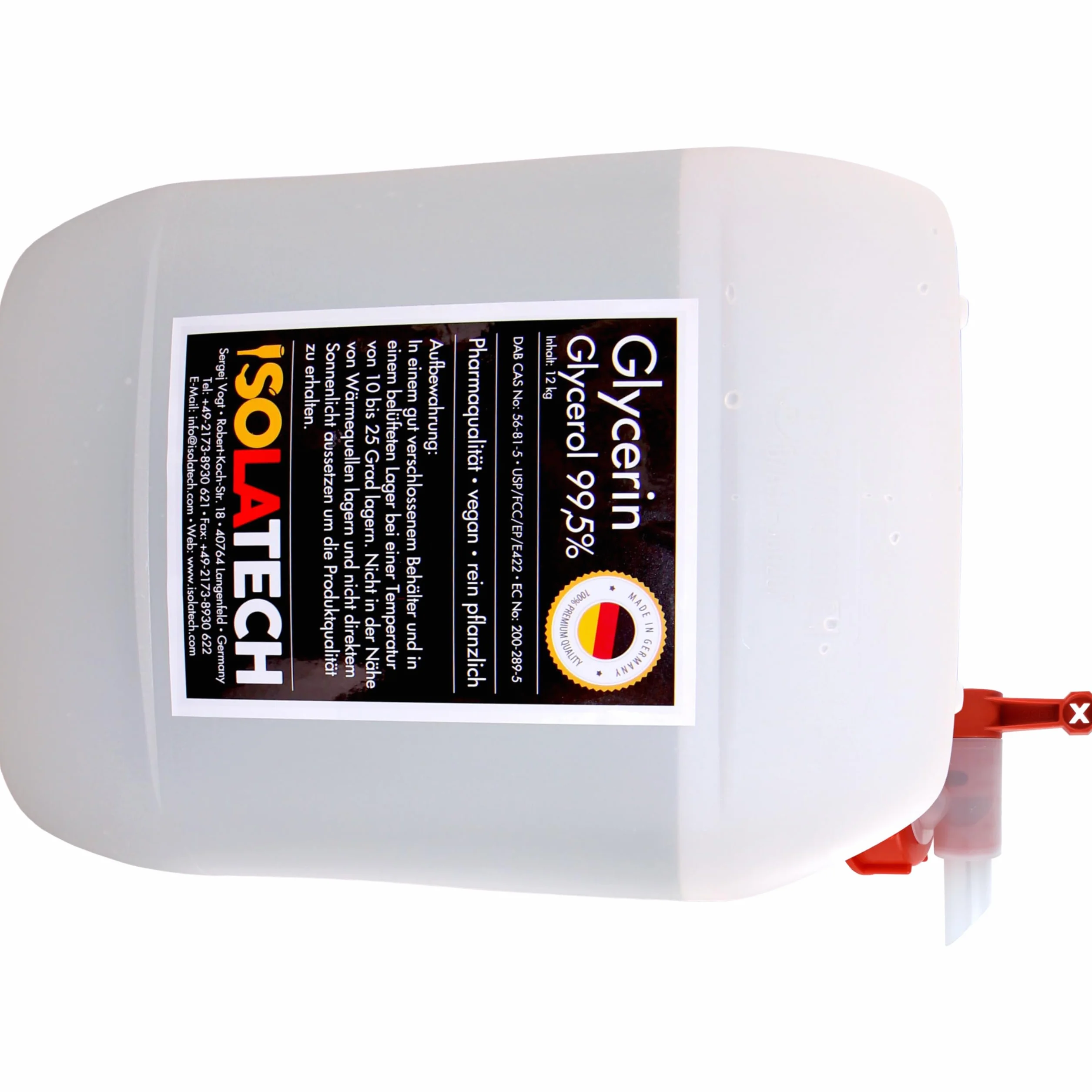 ISOLATECH Glicerina 99,5% Bidón de 10L con Grifo SABEU Fluxx DIN 51 | Glicerol, Calidad Farmacéutica, 100% Vegetal, Pureza 99,98%, Grifo dosificador AH23/51 HF, Fabricado en Alemania