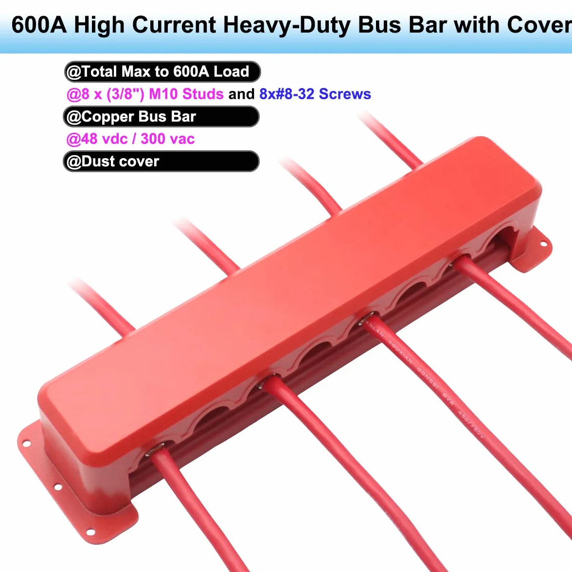 Bus Bar Barra colectora de 600A bloque de distribución de energía de cobre de 300V CA/ 48V CC con terminales de cableado de pernos de 8x M10 Busbar 600 Amp para Auto/Marinos/Solares, rojo