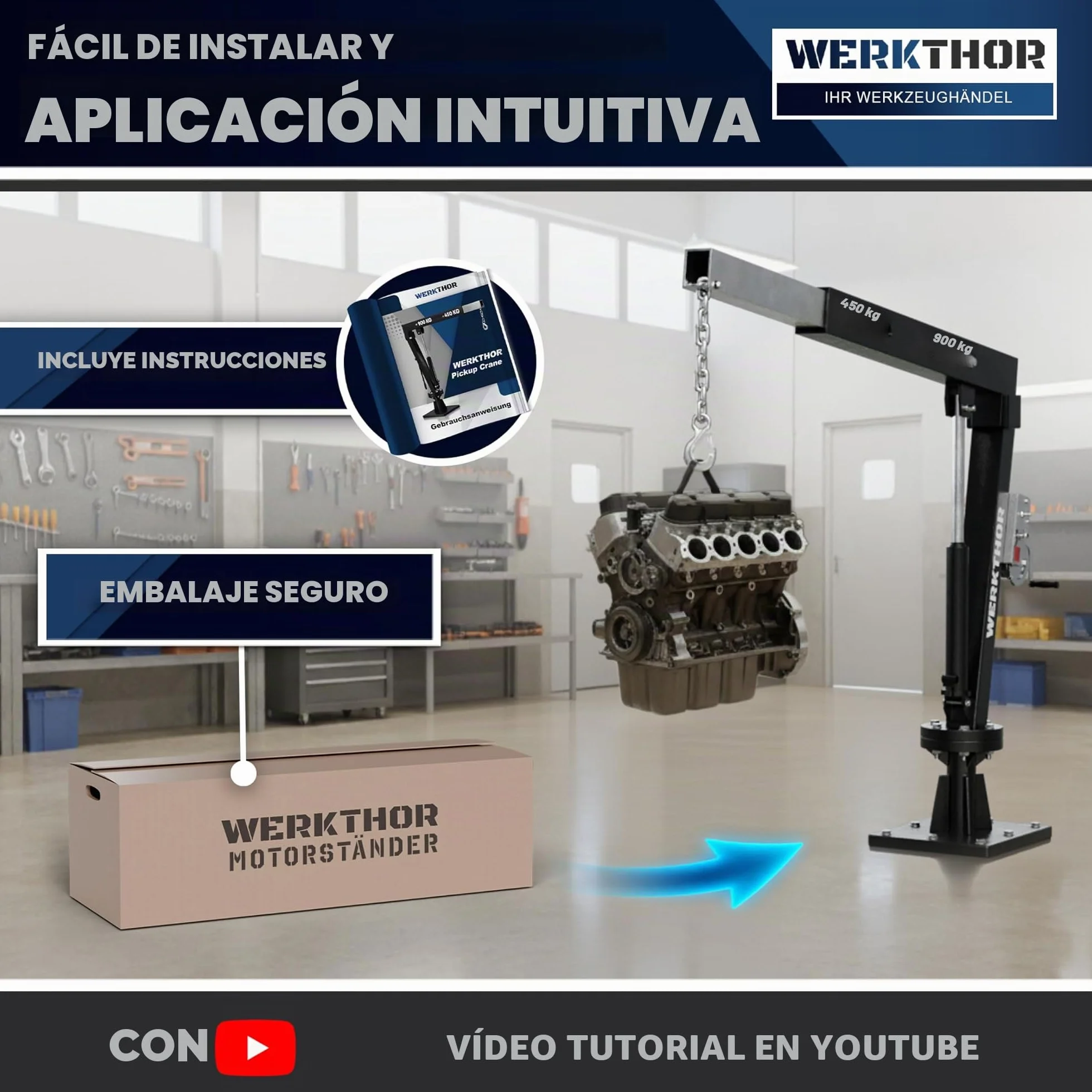 WERKTHOR Grúa de carga para Pick Up 900 kg con cabrestante e hidráulica – Grúa Pick Up para remolque y plataforma giratoria 360° – Mini grúa incl. material de montaje y base sólida – Grúa de taller