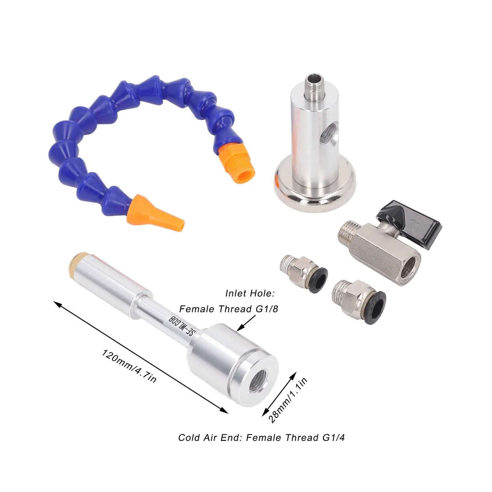 Pistola de Enfriamiento de Aire Frío Seco, Juego de 6 Piezas 7Bar 520Btu Mini Vortex Tube Pistola de Aire Frío,Aleación de Aluminio Flexible de Alta Temperatura Máquina de Rociador
