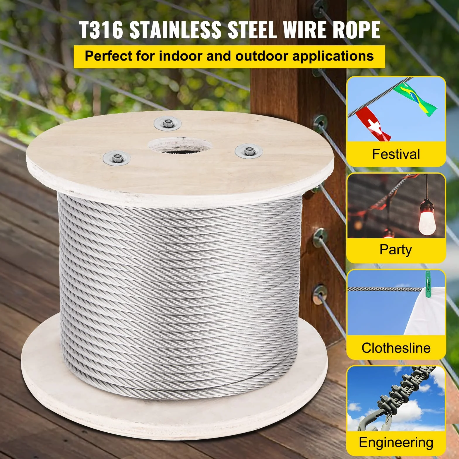 VEVOR Cable de acero inoxidable 316 diámetro de 4 mm cable de alambre inoxidable de 152 m construcción 1x19 resistencia a la rotura 1496 kg para barandilla exterior, cubierta, balaustre de bricolaje
