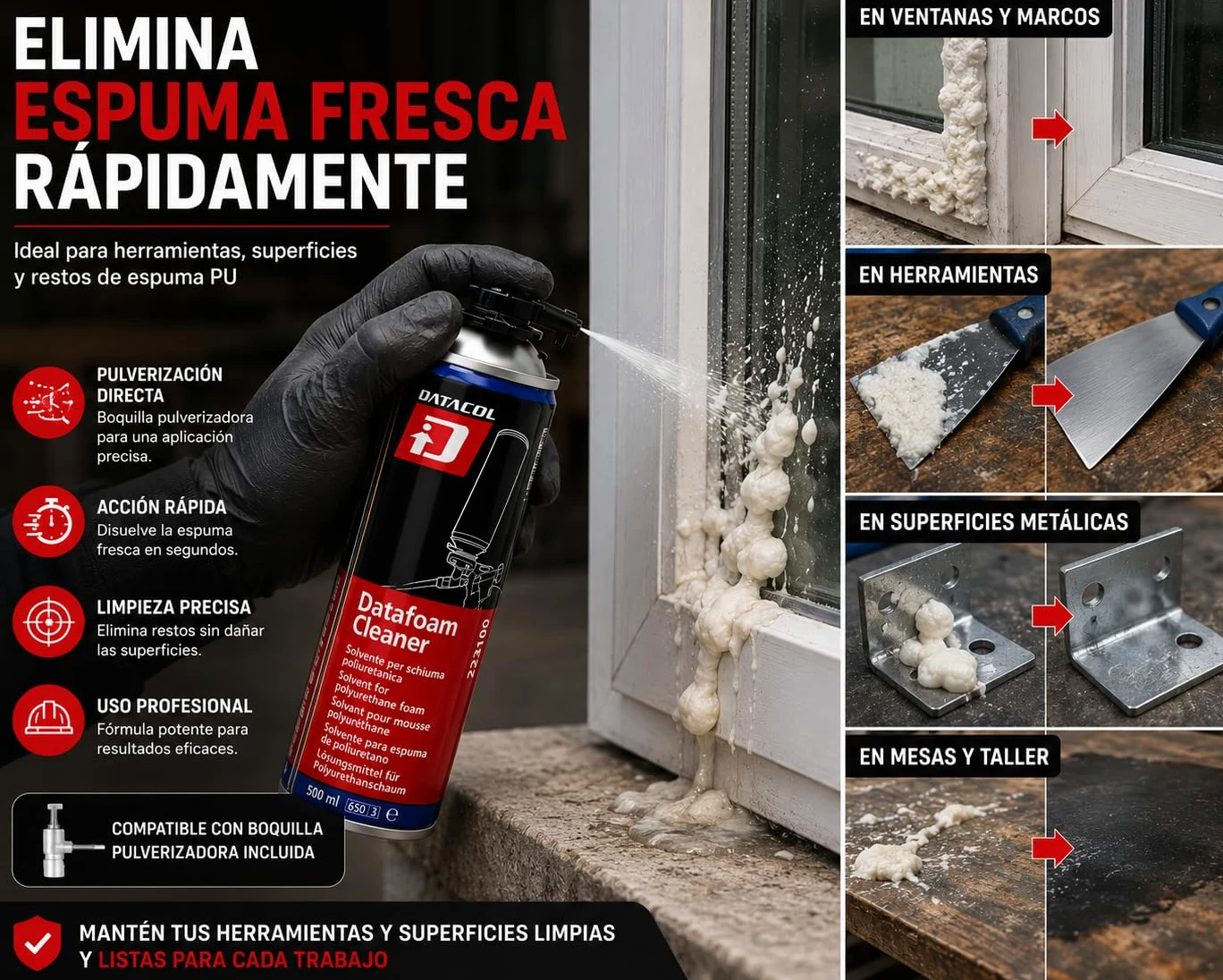 DATAFOAM CLEANER 500 ml – Solvente limpiador espuma poliuretano – PACK 12 – Aerosol para limpieza de pistolas PU y espuma fresca – DATACOL