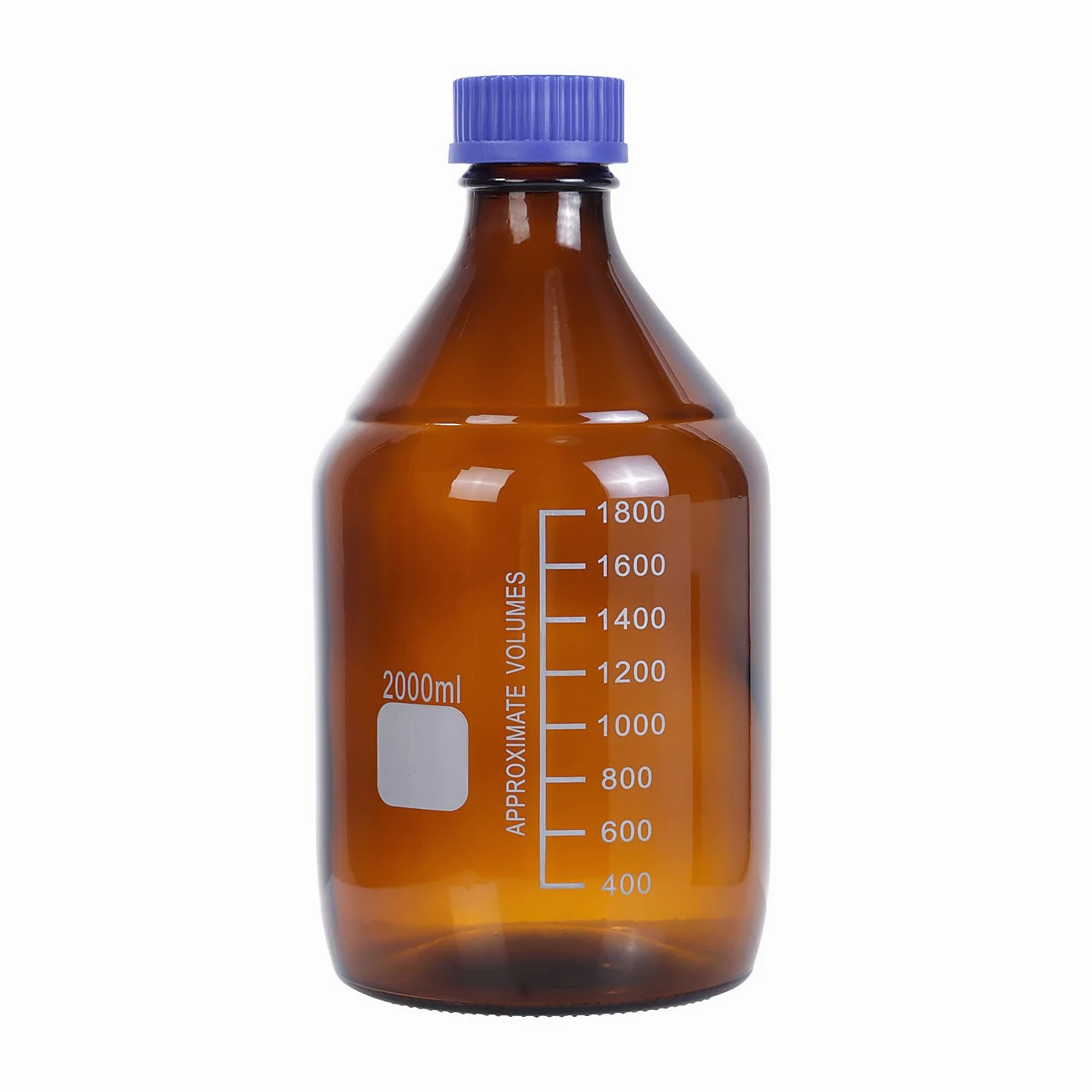 Una pieza 2 litros ámbar borosilicato vidrio graduado redondo 2000ml reactivo de laboratorio/botella de almacenamiento con GL45 azul tapón de rosca